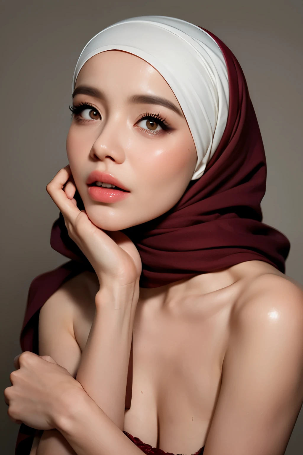 Masterpiece, best quality, high res, beautiful adult Indonesian girl wearing a hijab and wearing a transparent satin dress, looking at the camera with a sweet passionate smile, dynamic perfection, blood red, smooth, sharp focus, illustration, art, facial details, 4k, office background, eyes chocolate