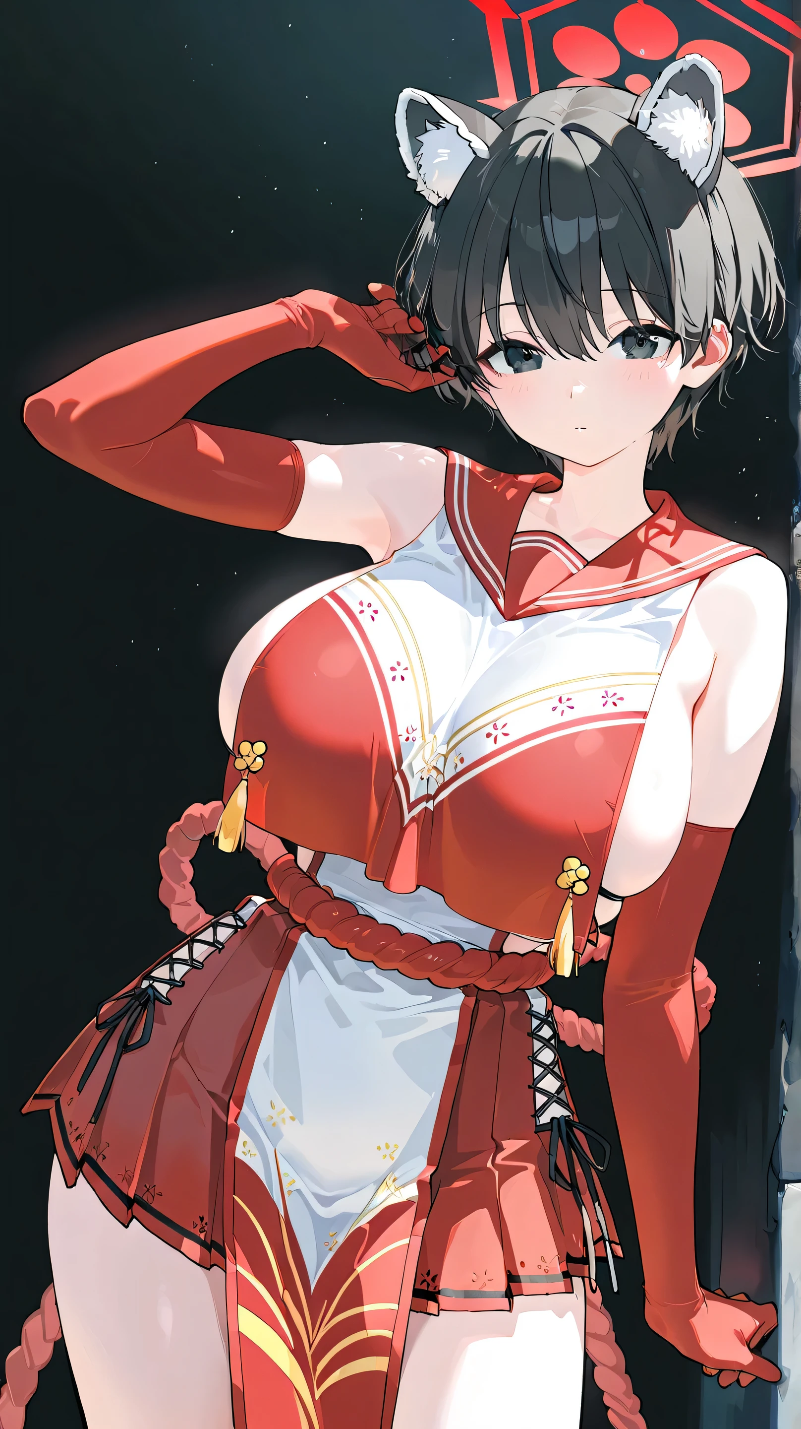(Perfect body),Best Quality,16 K、((((Short stature))))、((((Lori))))、(white  leotard)、(Red mini skirt)、(White panty)、(((blush)))、:D、One eye is closed、I have my mouth wide open、Blunt bangs、(short-hair)、(((bob cuts))),(Sweat)、((red scarf))、((Big ass))、(((huge-breasted)))、(((thick thighs)))、Armpits、In the street