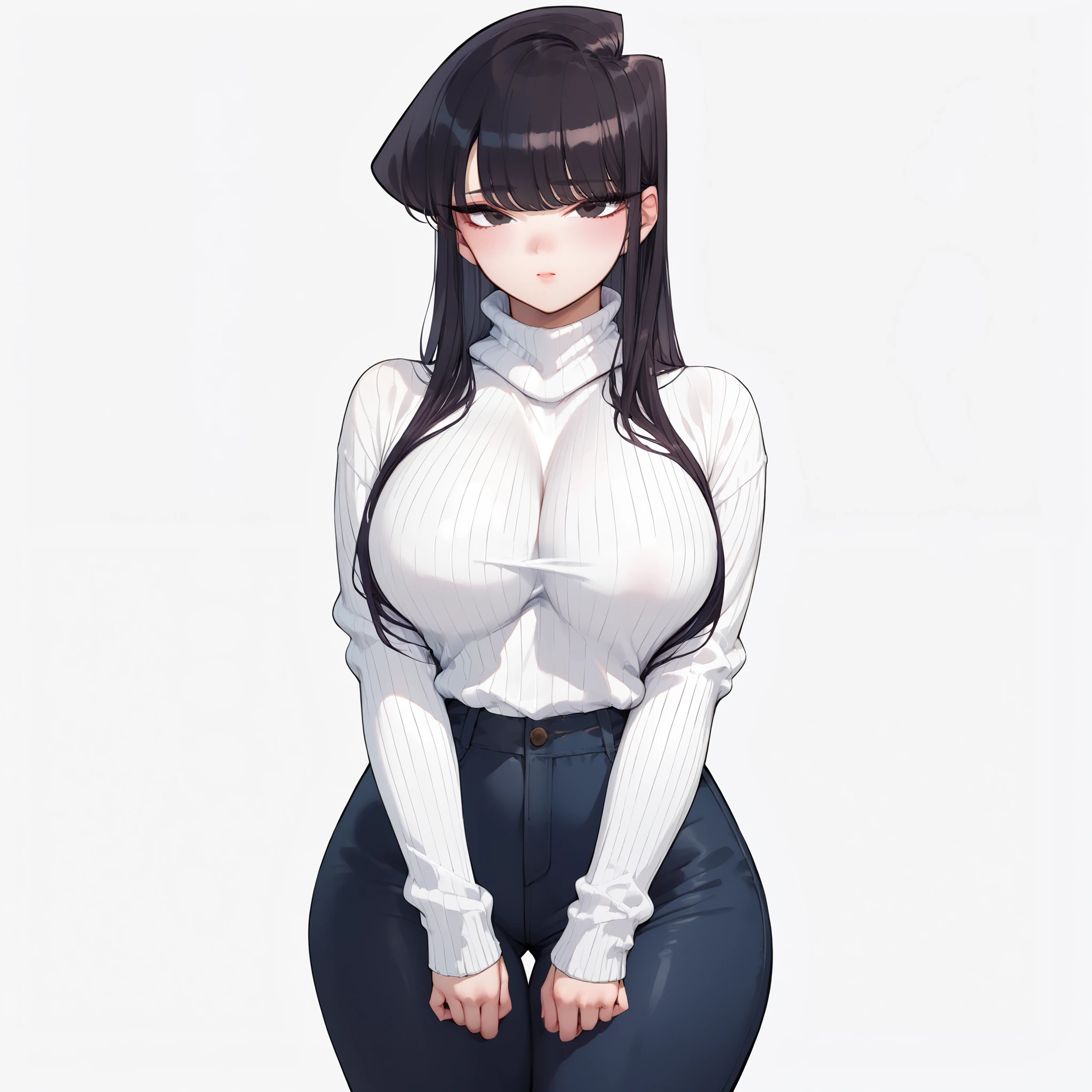 1girl, solo, komi_shouko, black eyes, black hair, long hair, big breasts, wide hips, thick thighs, white turtleneck ribbed sweater, black pants, blushed, shy, standing, looking at viewer, simple background, from the front view