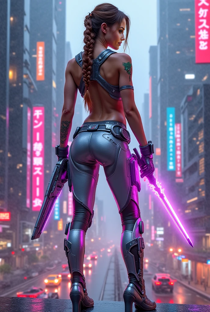 obra maestra, bldrnrst, analog style, (cinematic lighting:1.1), Rear angle, [Closeup] foto de un (Sin esfuerzo, Beautiful female space outlaw with neon hair), looking back at viewer, Detailed facial features, Cara perfecta, ((vaquero tiene)), Pose de burla, (Usando un chaleco de motociclista blanco cyberpunk sobre una armadura roja futurista), Mechanical joints, cyber wear, atletic body, grande, accentuated booty, (piel altamente detallada), Pale skin, (runic tattoos:0.8), intrincadamente detallado, 
(Establecimiento de disparos), Standing on the edge of a high mountain with a large and imposing snowy alien landscape on exoplanet, (Science-Fiction), (Mountains:1.1), Crimson, nieve, Dense Arctic vegetation, Sobrecogedoras, vivid detail, hermosos colores, natural  lighting, Luz moteada, (Dos lunas y una majestuosa galaxia en el cielo nocturno), Nasa punk \(Genre\), 
(destello de lente:0.7), (florecer:0.5), particle effects, sharp shadows, fotografiado en una Hasselblad 907X 50C, 80 mm F1.9 lentes, with Cinestill 800T film, Procesamiento cruzado, HDR, 8k, Contrata, (Altamente detallado, detalles finos), foco nítido, movie frame of [Gravedad 2016|Westworld], from the rear, (cuerpo completo:0.9) tanga negra, de espalda, mostrando el trasero. ((tanga negra)) Big ass!!