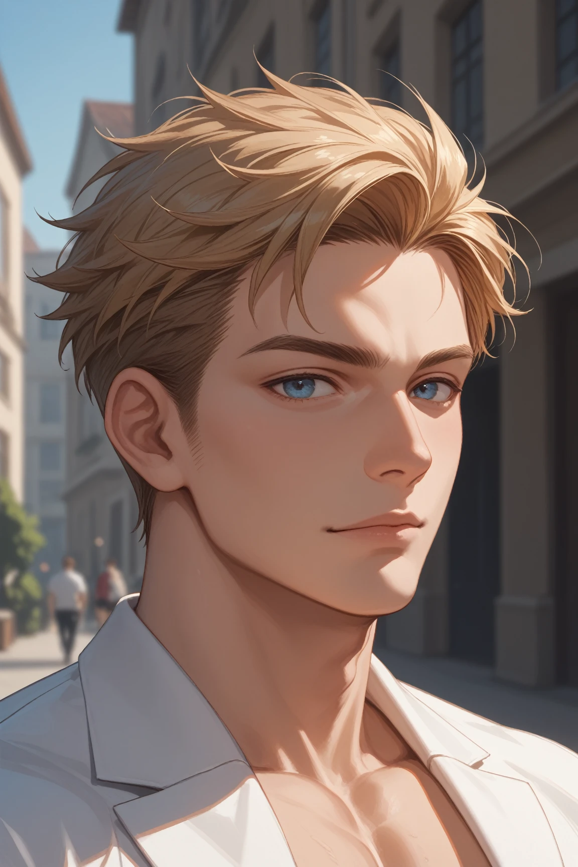 high resolution, Exquisite Details, Clear focus and blur, Blond short haired man , Bad Yankee style with a dull appearance, handsome and attractive face, ideal figure, Lonely and thoughtful expression, Upper body standing posture, anime-style character design, Vivid Colors, warm light, Beautifully and delicately drawn