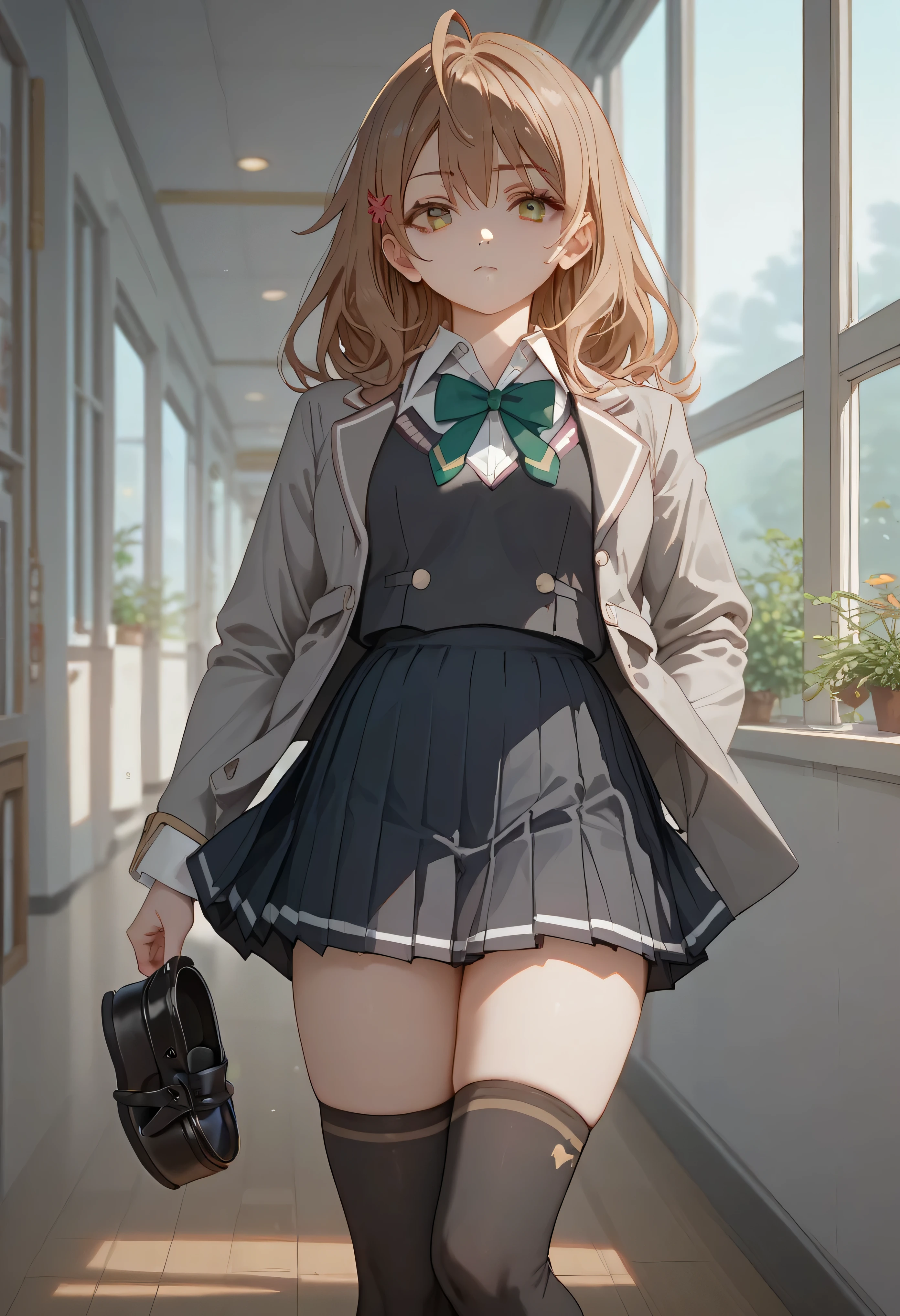 masterpiece , Better quality, 1 ,Maria Mikhailovna, school uniform, grey jacket, open jacket, long sleeves, green bowtie, white shirt, collared shirt, black vest, buttons, pleated skirt, black thighhighs, black loafers