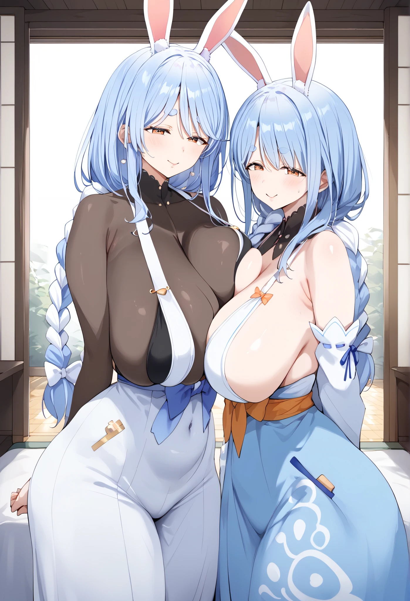 2heads, a thin woman with two heads. She has enormous breasts. She is dancing in a bar. She looks drunk. She is flirty. She is wearing a kimono. She has enormous breasts. She is skinny. Massive breasts. She looks mature. She is extremely tall. She has massive breasts. She has long straight white hair. Seductive expression, horny expression. POV hand hold, holding viewer's hand.