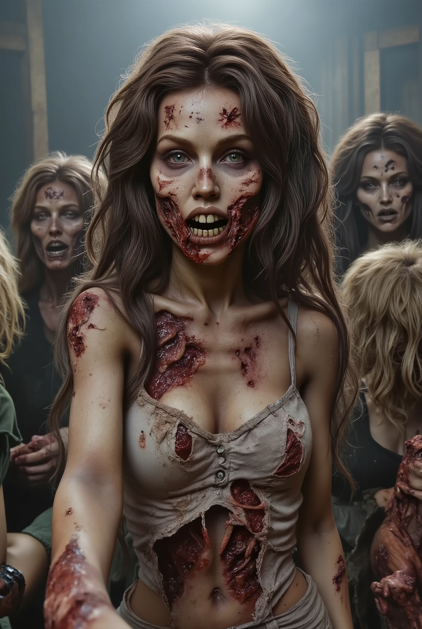 Zombie girl surrounded by other zombies, rotting flesh, open wounds, undead, open mouth with rotting teeth and blood, severed nose, blood and gore, bloody wounds, torn flesh, one arm reaching out to the viewer,