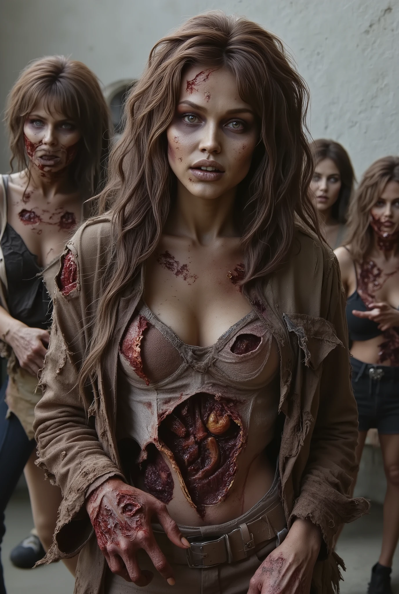 Zombie girl surrounded by other zombies, rotting flesh, open wounds, undead, open mouth with rotting teeth and blood, severed nose, blood and gore, bloody wounds, torn flesh, one arm reaching out to the viewer,