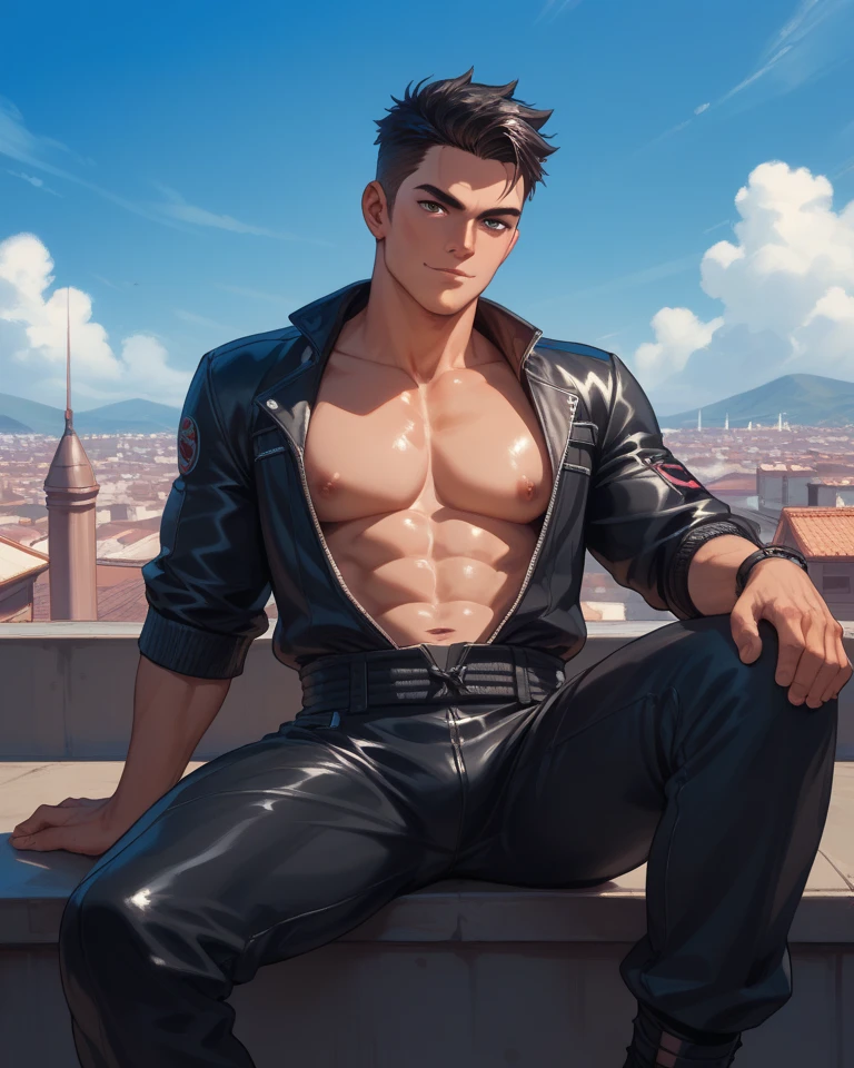 (masterpiece, ultra quality, high resolution, 8k, natural light), (full body shot, front view, standing, 1 male, young adult), (lean, fit, abs, muscular, smooth skin, light skinned, v-shape, black hair, short hair, detailed face, handsome, grin, green eyes, broad shoulders, detailed face, finely detailed eyes, intricate details), (causal attire, white baggy pants, black compression shirt)