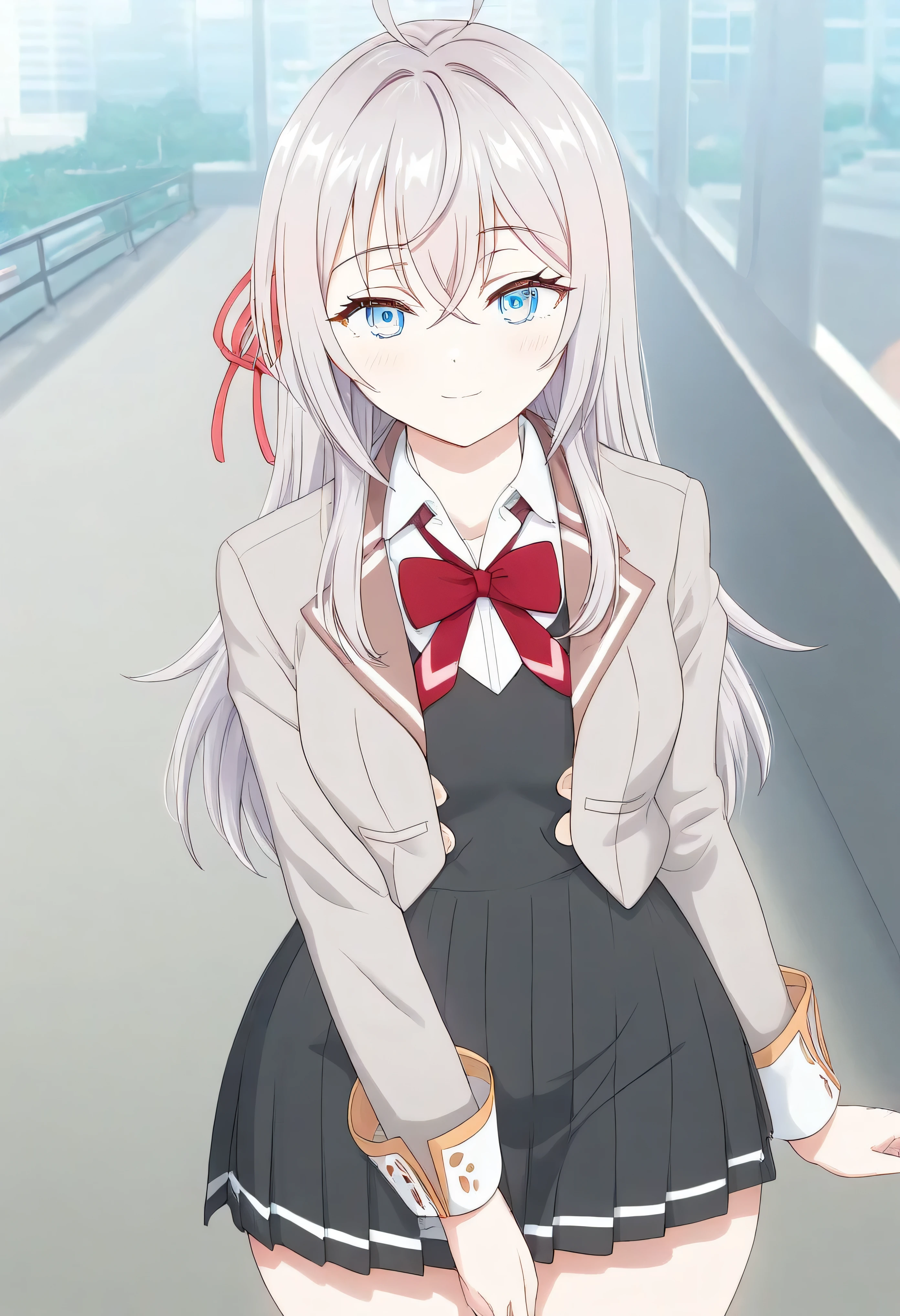 masterpiece, best quality, amazing quality, light smile, 1girl,
long hair, silver hair, ahoge, crossed bangs, red hair ribbon, sidelocks, blue eyes,
school uniform, grey jacket, open jacket, long sleeves, red bow, white shirt, collared shirt, black vest, buttons,
alisa mikhailovna kujou (roshidere), wide hips, thighs, city