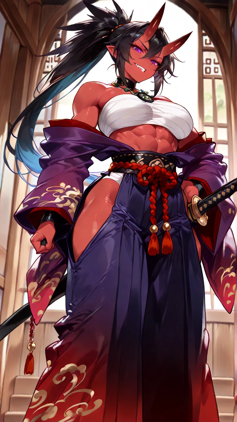 Samurai woman with gigantic round breast that are twice the size of her head, she has extremely wide hips, she wears a long dark hakama that covers her body, holding katana, she has a serious look on her face, ready for battle