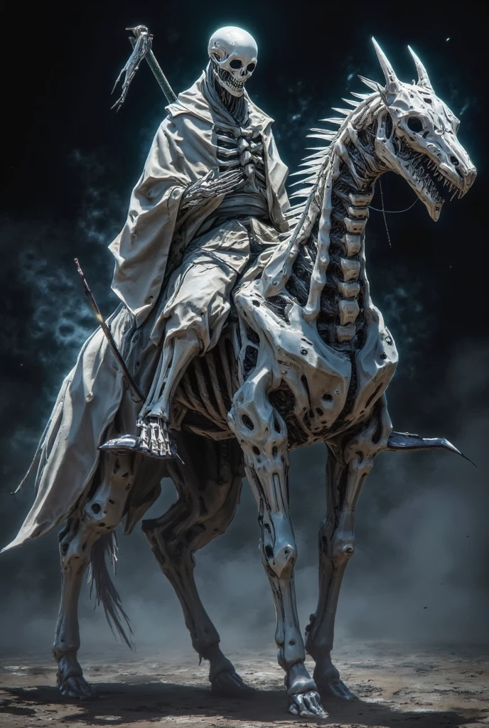 (master masterpiece、Best、ultra delicate、great resolution),Male focus,(((skeleton knight))),(The eyes have blue fire),(Knight armor),(Riding a horse with white bones),Pose for a photo,nigth,city ruins,Background details,(((total body))),front side,solo,(((solo))),(((Huge feeling)))