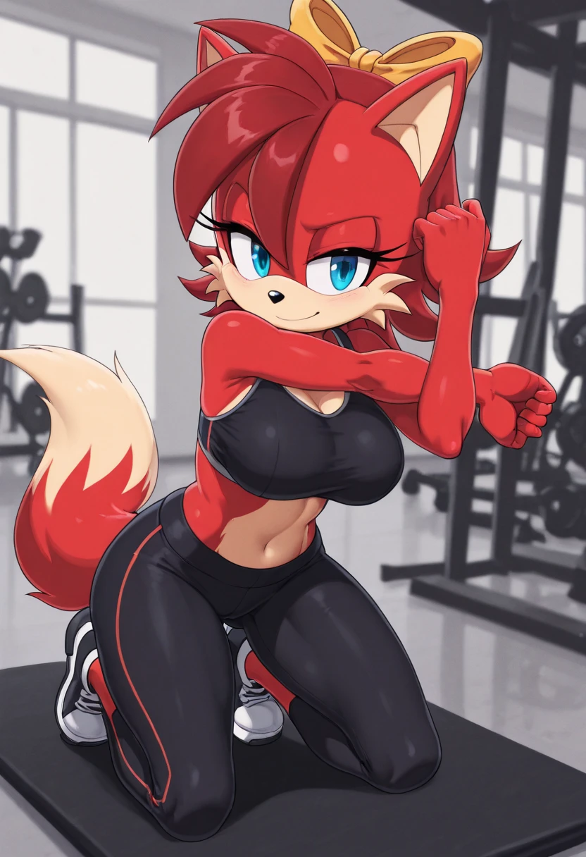 1 woman, furry, rabbit, short, little muscle, white fur, red hair, in the gym, big breasts, wearing a cropped shirt, black leggings, sweat dripping, With arms crossed, making a mocking expression