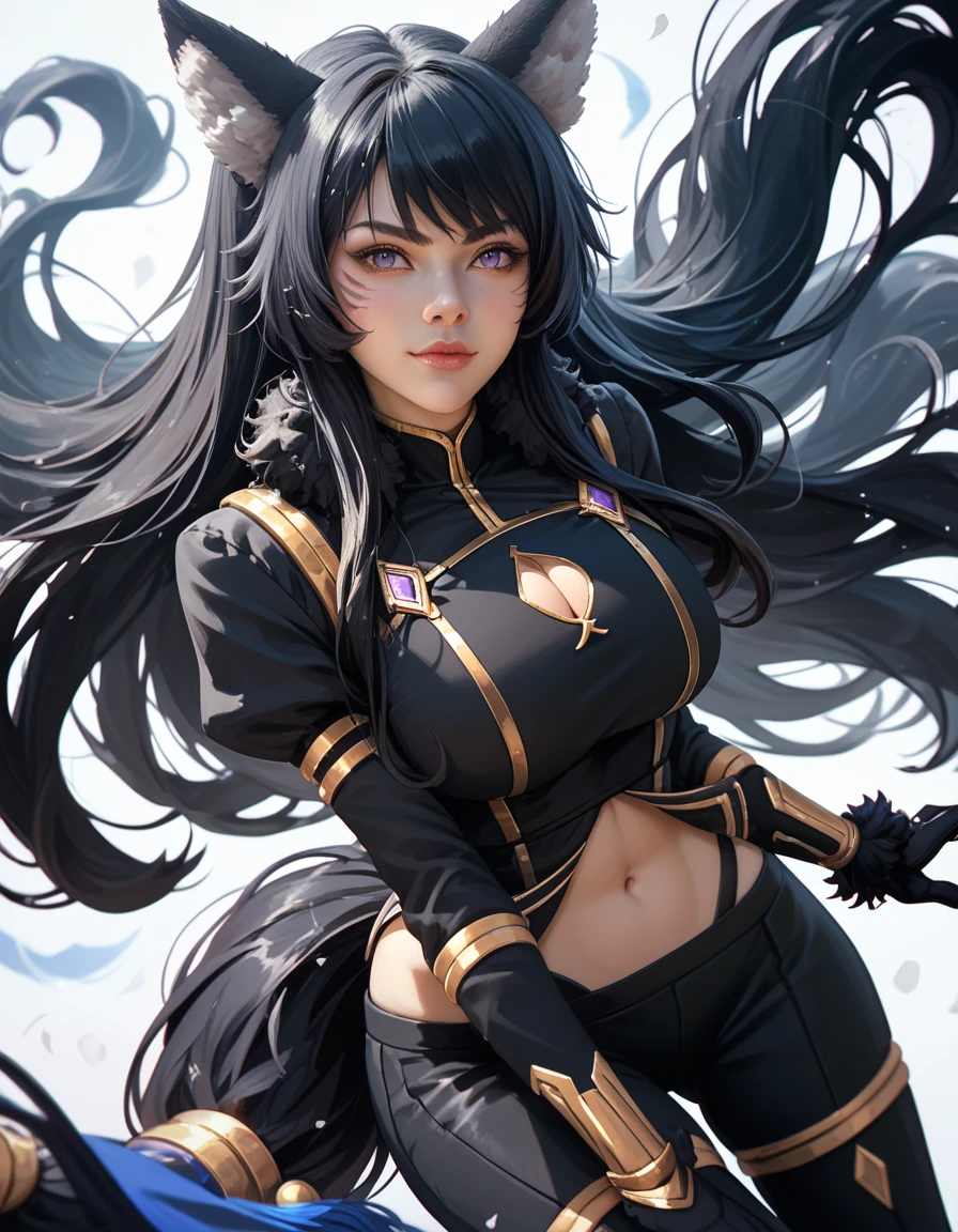 (ultra realistic,32k, masterpiece:1.2),(high detailed skin:1.1),( high quality:1.1),
<lora:delta-nvwls-v1:0.8>delta, (purple eyes:0.6)black hair, wolf ears, black bodysuit, cleavage cutout, gold trim, navel, black pants, black gloves, fur trim, tail,(looking at viewer, standing, from above:1.1), , (huge breast:1.1),<lora:add_detail:0.87>,
(radiant:1.1), blank background, blurry background,
