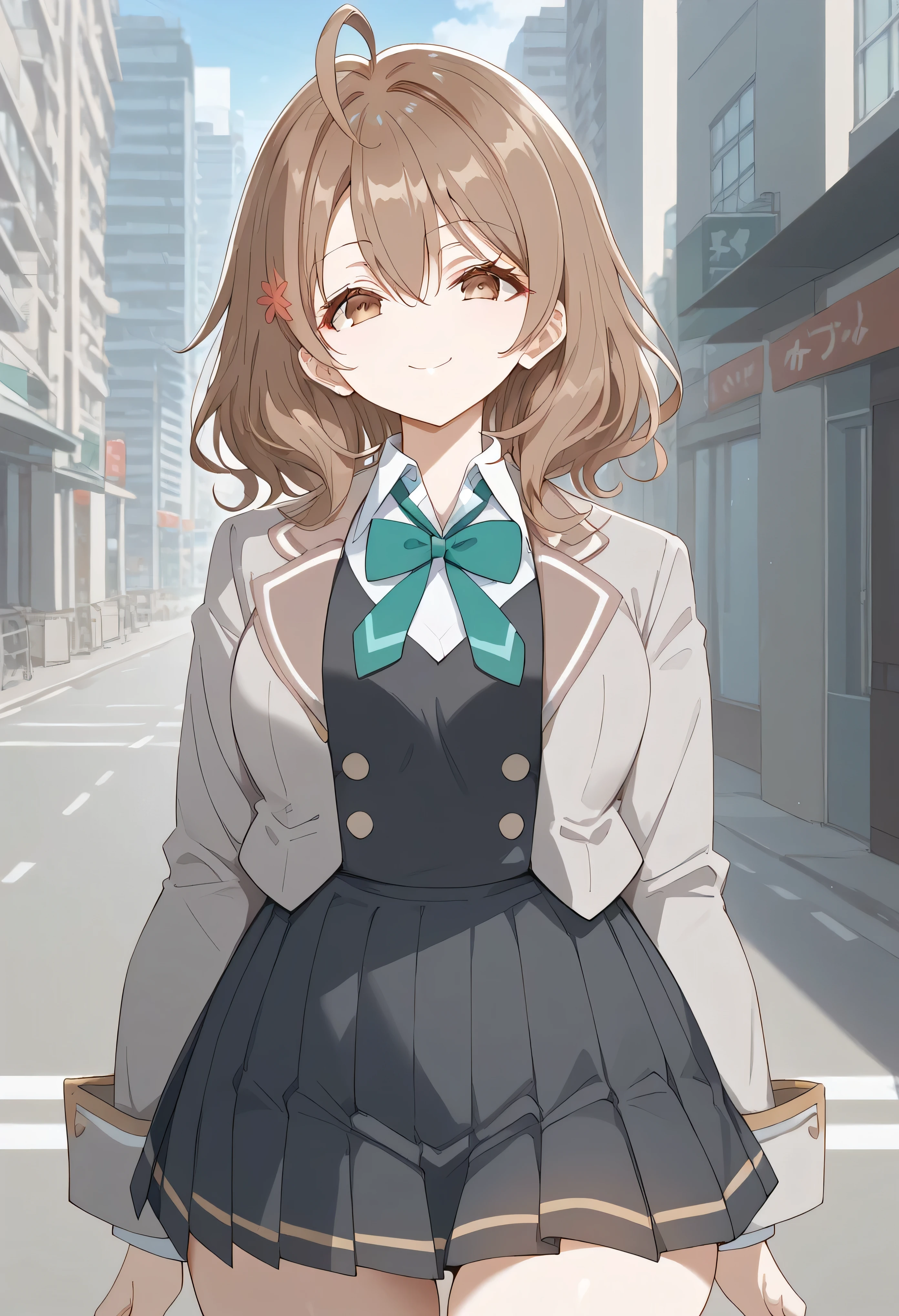 score_9, score_8_up, score_7_up, source_anime, BREAK smile,
maria mikhailovna kujou, medium hair, brown hair, ahoge, hair between eyes, hair ornament, brown eyes,
school uniform, grey jacket, open jacket, long sleeves, green bowtie, white shirt, collared shirt, black vest, buttons, wide hips, thighs, city