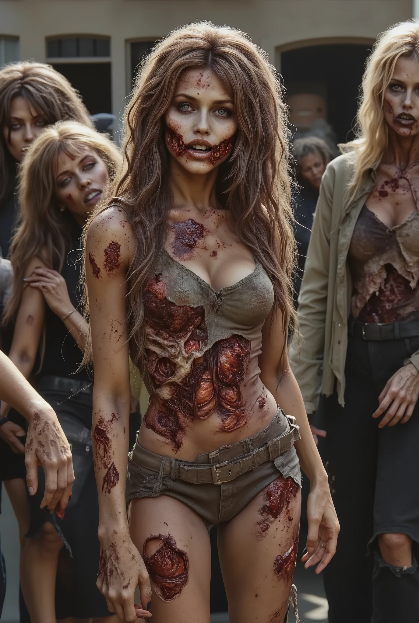 Zombie girl surrounded by other zombies, rotting flesh, open wounds, undead, open mouth with rotting teeth and blood, severed nose, blood and gore, bloody wounds, torn flesh, one arm reaching out to the viewer,