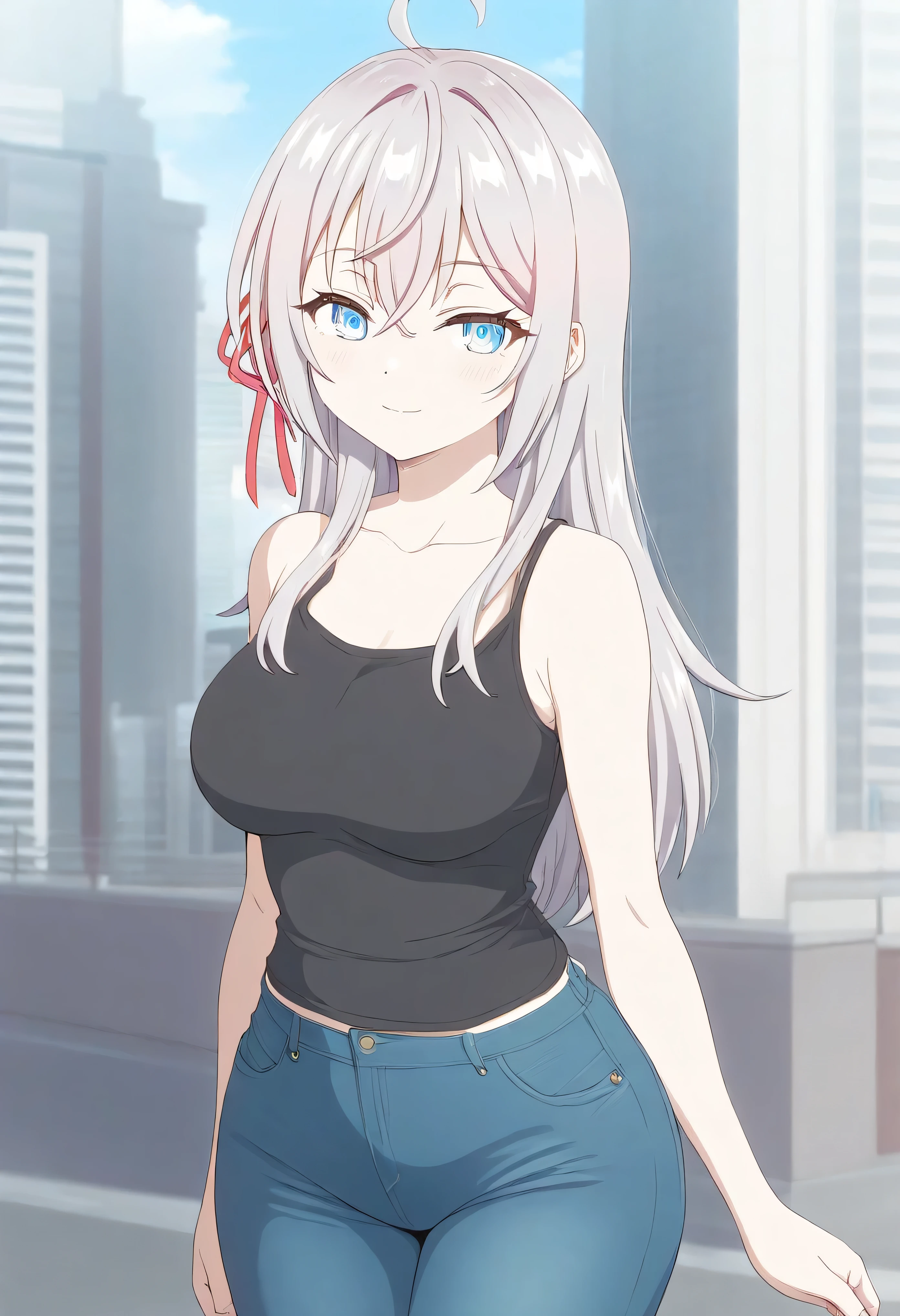 masterpiece, best quality, amazing quality, light smile, 1girl,
long hair, silver hair, ahoge, crossed bangs, red hair ribbon, sidelocks, blue eyes,
alisa mikhailovna kujou (roshidere), wide hips, thighs, city, tight jeans, tank top