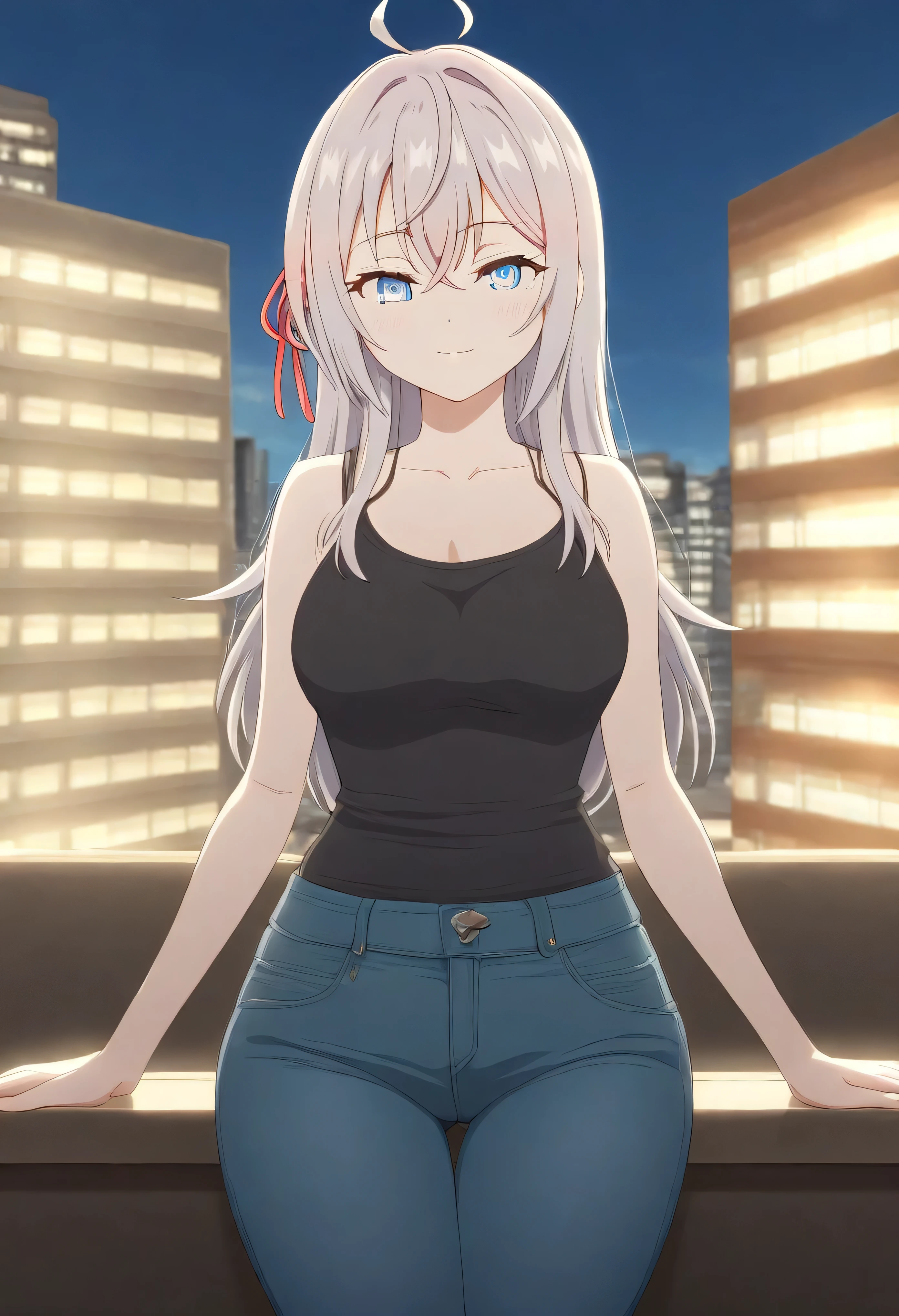 masterpiece, best quality, amazing quality, light smile, 1girl,
long hair, silver hair, ahoge, crossed bangs, red hair ribbon, sidelocks, blue eyes,
alisa mikhailovna kujou (roshidere), wide hips, thighs, city, tight jeans, tank top