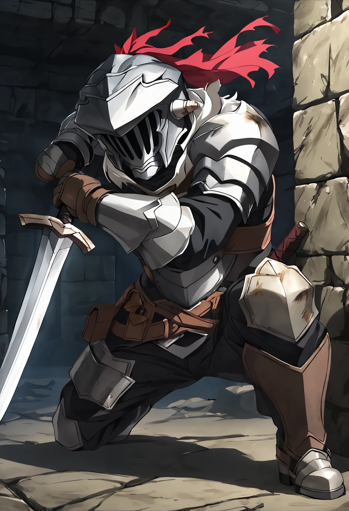 Goblin Slayer, 1 male, dull colored armor, dirty, Damaged Helm, has a short sword in his right hand, Sluggish Sword, in the dungeon, lowering position, attacking