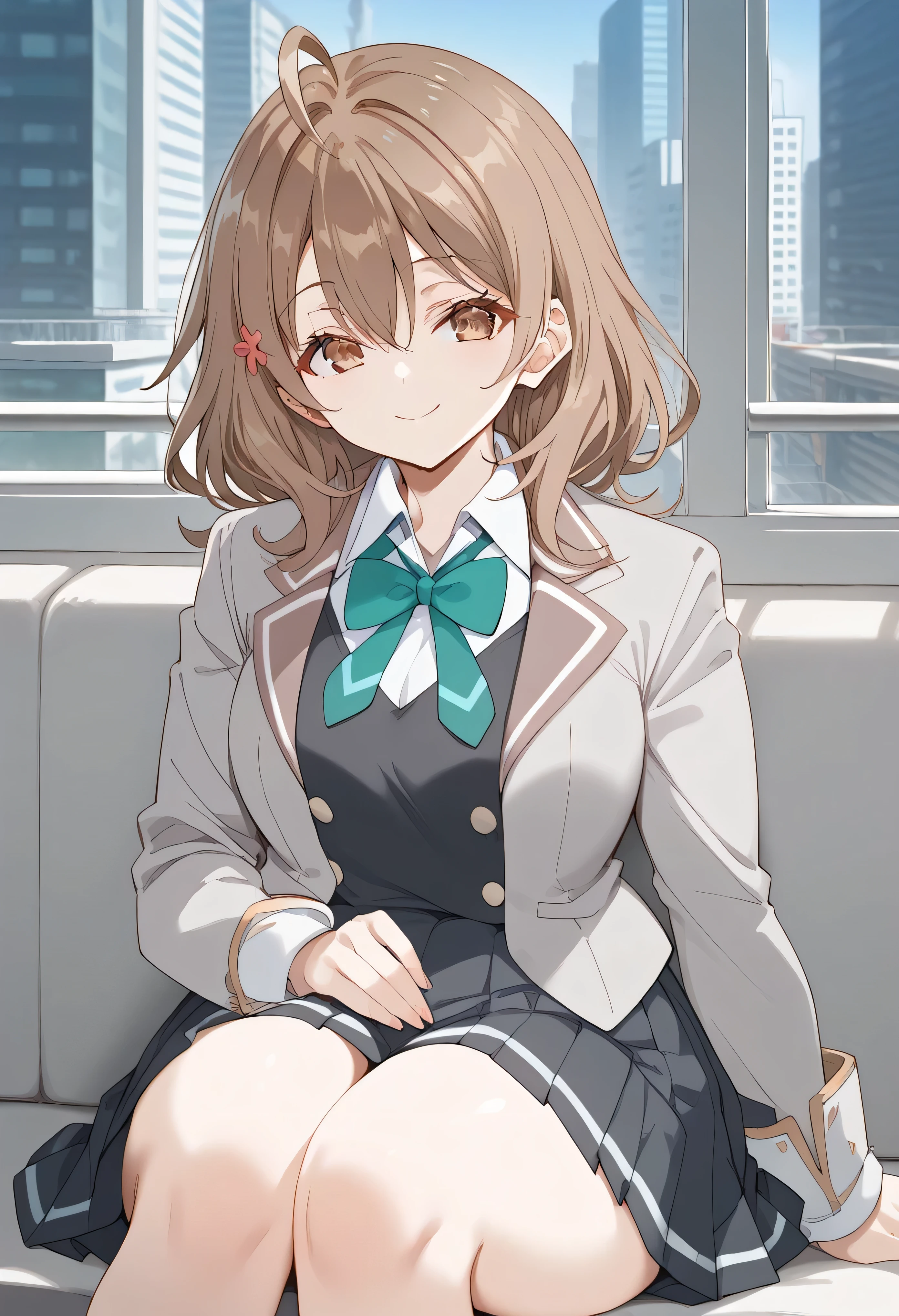 score_9, score_8_up, score_7_up, source_anime, BREAK smile,
maria mikhailovna kujou, medium hair, brown hair, ahoge, hair between eyes, hair ornament, brown eyes,
school uniform, grey jacket, open jacket, long sleeves, green bowtie, white shirt, collared shirt, black vest, buttons, wide hips, thighs, city, sitting