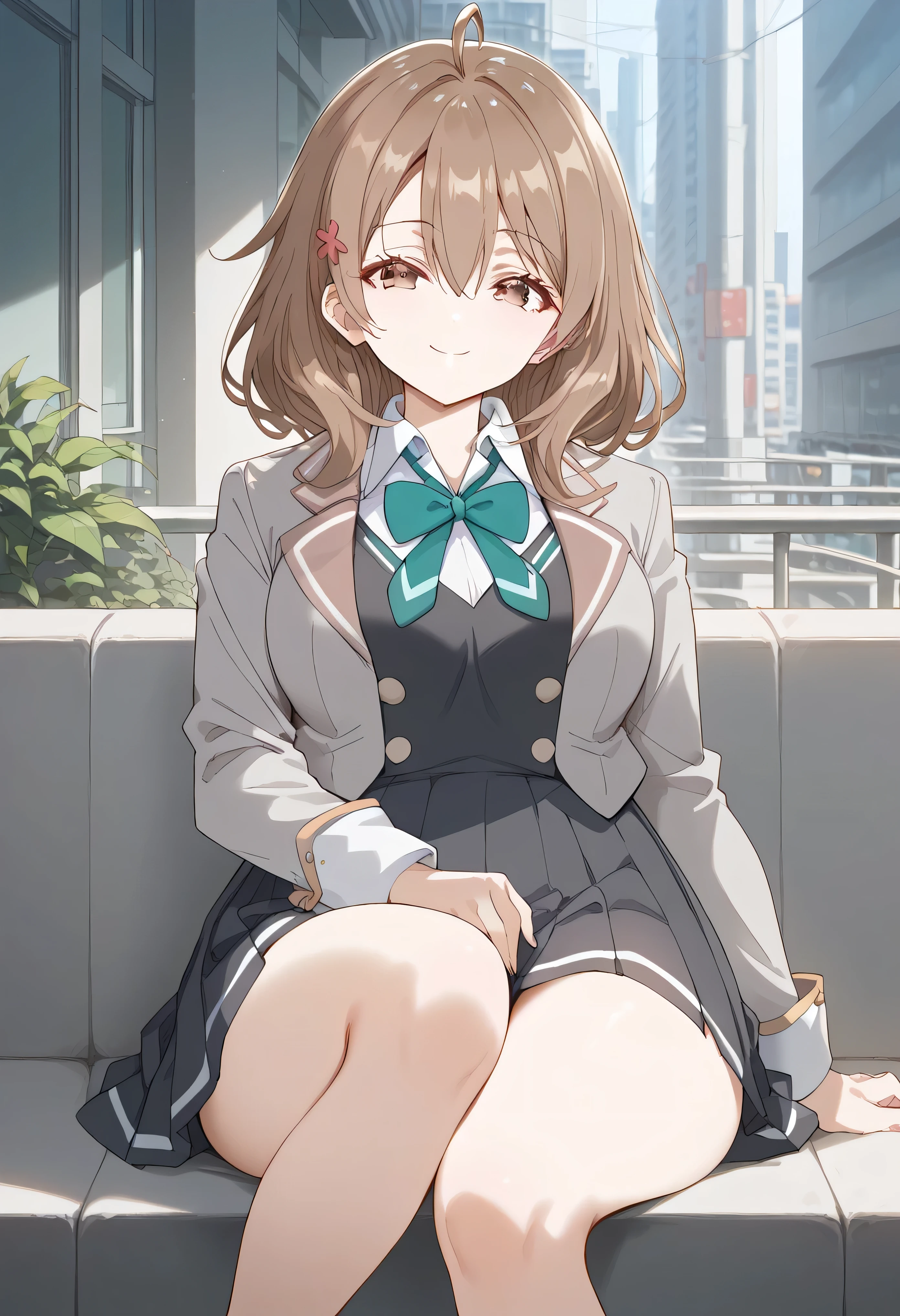 score_9, score_8_up, score_7_up, source_anime, BREAK smile,
maria mikhailovna kujou, medium hair, brown hair, ahoge, hair between eyes, hair ornament, brown eyes,
school uniform, grey jacket, open jacket, long sleeves, green bowtie, white shirt, collared shirt, black vest, buttons, wide hips, thighs, city, sitting, pink high heels