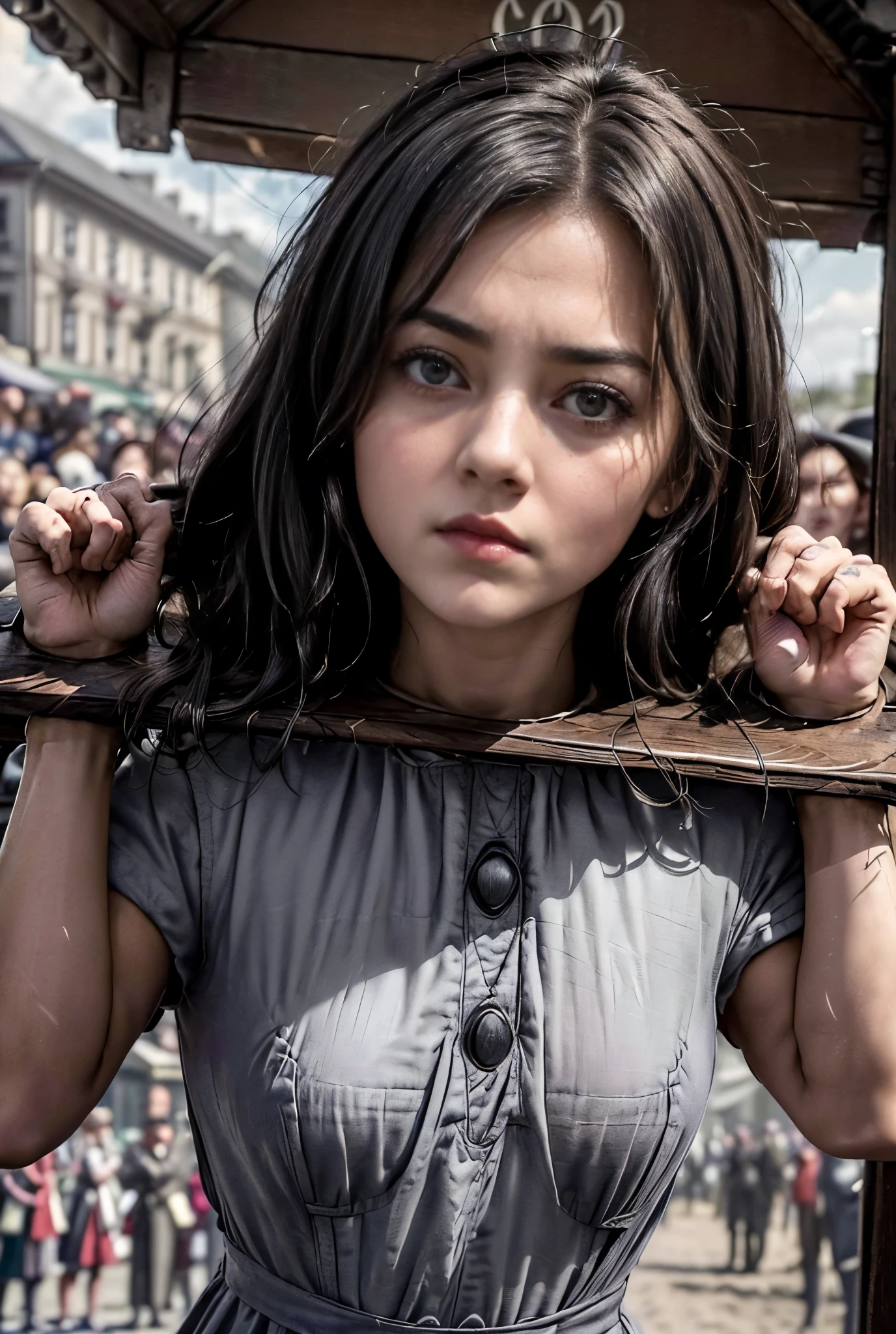 (Eastern European mountainous region in the early 20th century、A partisan girl who had been arrested is executed)、(((Public execution as a show、beautiful death row prisoner pinched by a guillotine stand outside in a cloudy sky、wearing a dirty gray prisoner uniform and getting her neck pinched on the guillotine with a sad expression)))、(The girl is held on both sides by a male guard and her neck is sandwiched between the sun stand、Realistically and accurately depict the situation just before execution:1.8)、(Realistically and accurately depicts a beautiful girl with her neck pinched on a guillotine:2.0)、Heavy Atmosphere、Tension、 、 hopelessness 、(((it is an overall depiction of how a beautiful girl is pinched by the sundeck and many spectators gather and executed in public)))