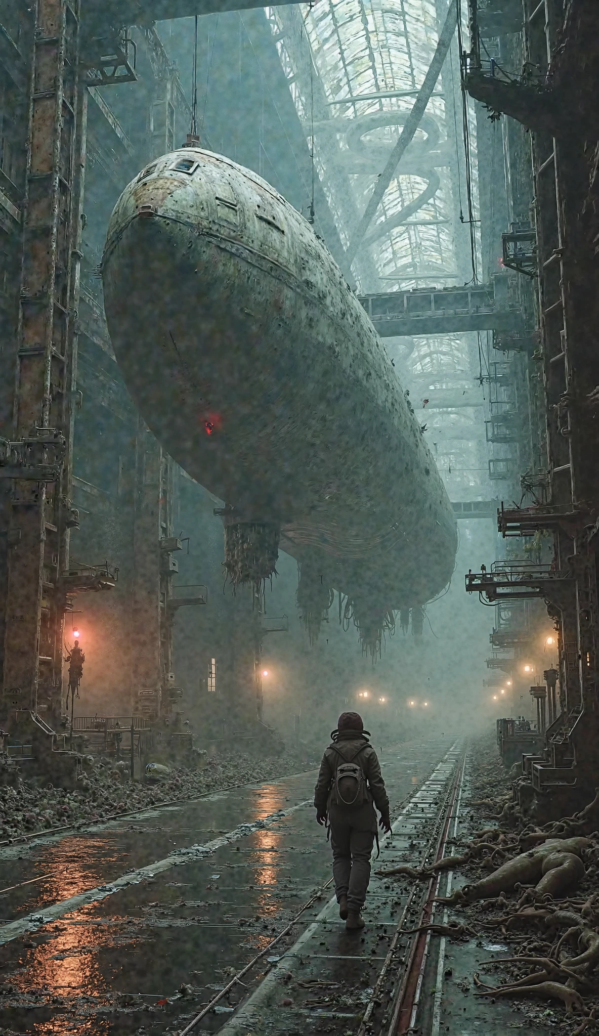 There is a man walking down a train track in a building - SeaArt AI