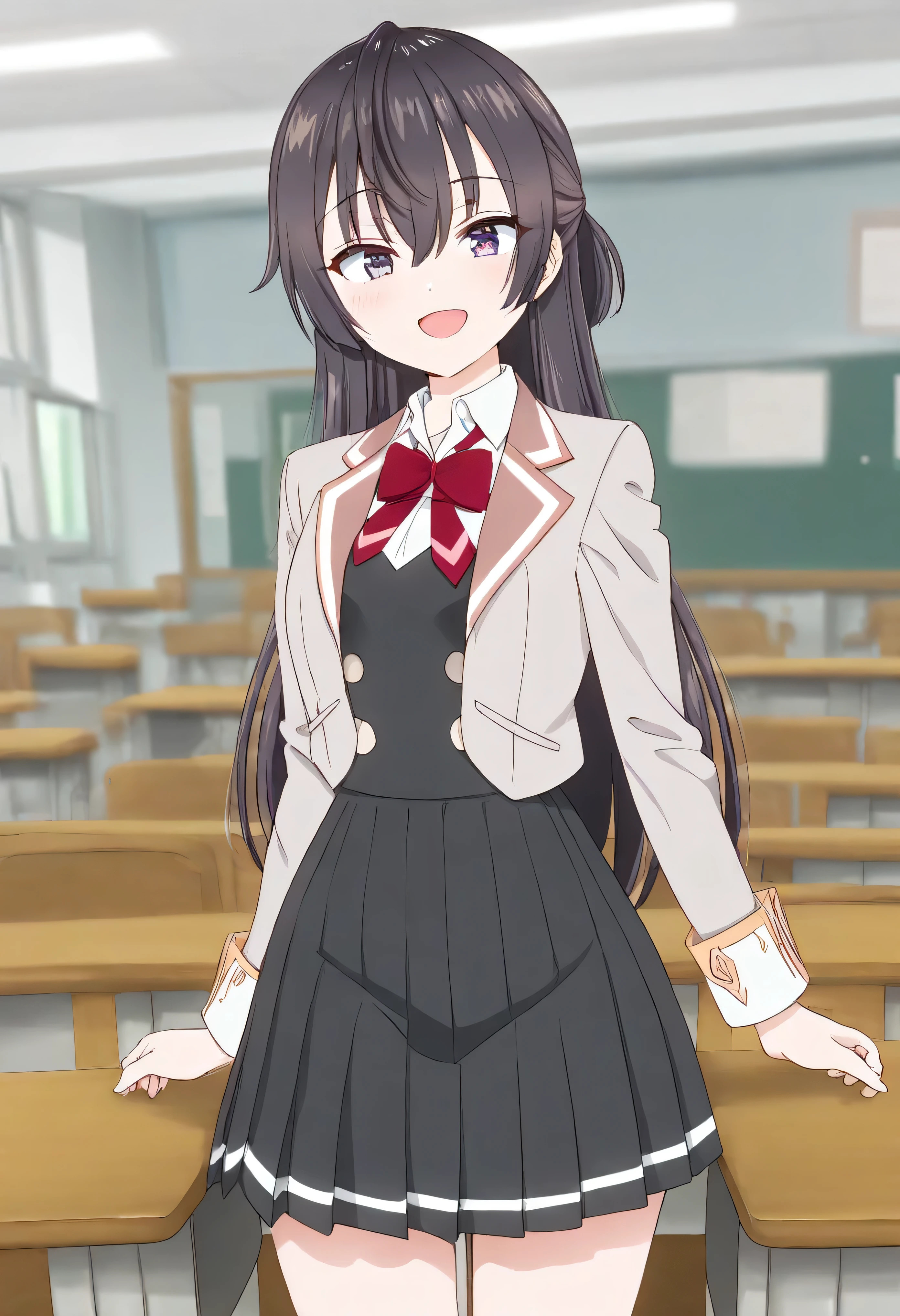 masterpiece, best quality, amazing quality,
1girl, looking at viewer, blurry backround, cowboy shot, happy,classroom,
yuki suou (roshidere), black hair, long hair, half updo, hair between eyes, purple eyes,
school uniform, grey jacket, open jacket, long sleeves, red bow, white shirt, collared shirt, black vest, buttons, pleated skirt, wide hips, thighs