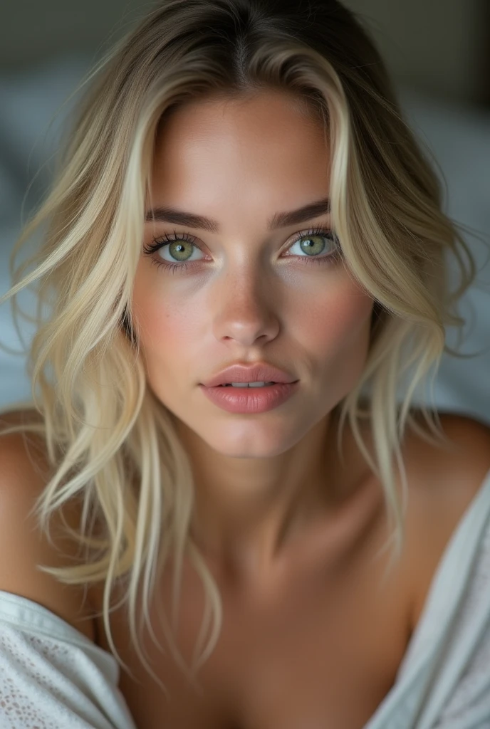 (Image 4K:1.1), (netteté:1.3), très détaillé,  beau visage détaillé, Yeux pétillants verts, Cheveux longs et clairs, (jolie jeune femme:1.3), (séduisant:1.1), (rougir:1.1),  --Moteur irréel 5. [Sans vêtements]. 16 mille.