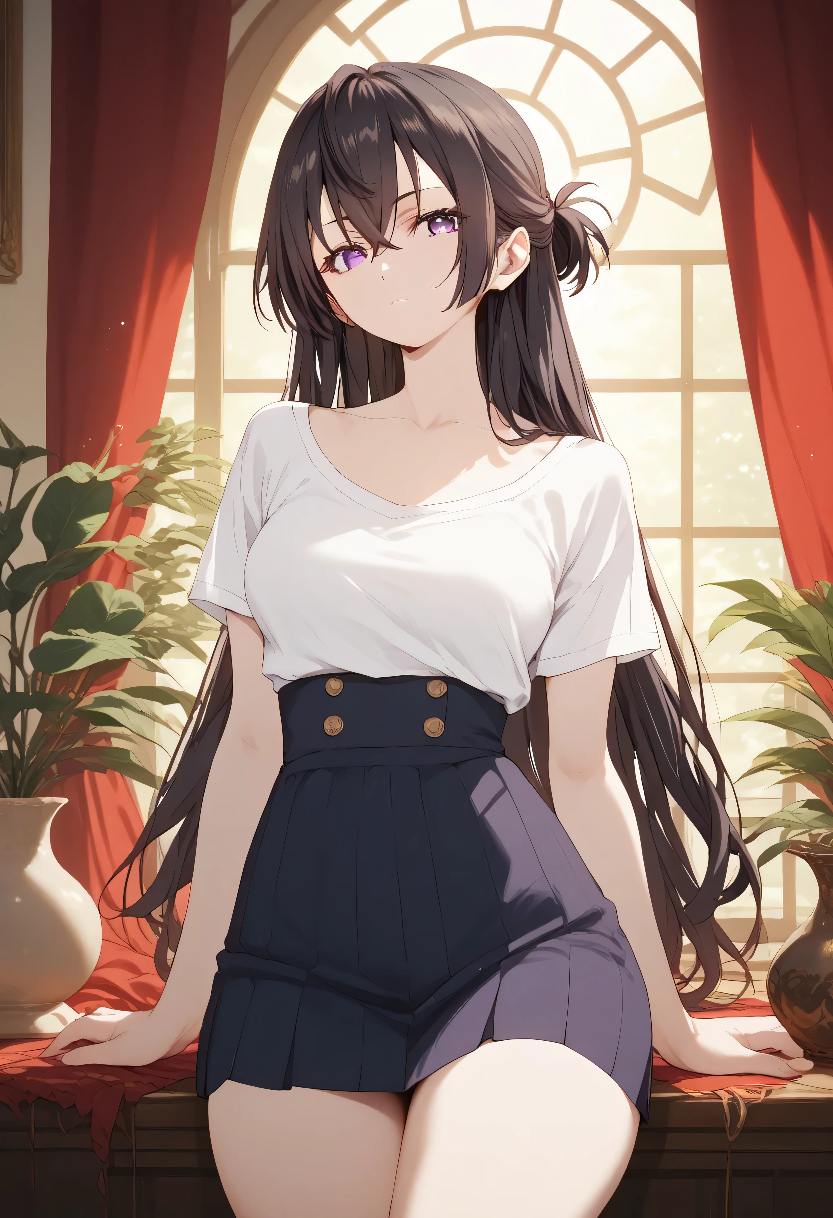 Score_9, Score_8_up, Score_7_up, source_anime, yukisuou, yukisuou, long hair, bangs, brown hair, black hair, hair between eyes, purple eyes, half updo , medium breasts, thighs, wide hips,