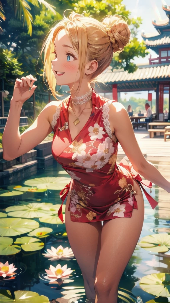 (ultra realistic,32k, masterpiece:1.2),(high detailed skin:1.1),( high quality:1.1),
1girl, blonde, ponytail hair,,<lora:Transparent_Cheongsam:0.8>Transparent_Cheongsam,clothing cutout,(see-through:1.2),Kanzashi ç°ª,,(looking at viewer, sitting, crossed legs, from above:1.1),, (huge breast,large breast:1.1),<lora:add_detail:0.96>,
(refraction:1.1), japanese cherry blossom garden, outside, sunshine, blurry background,