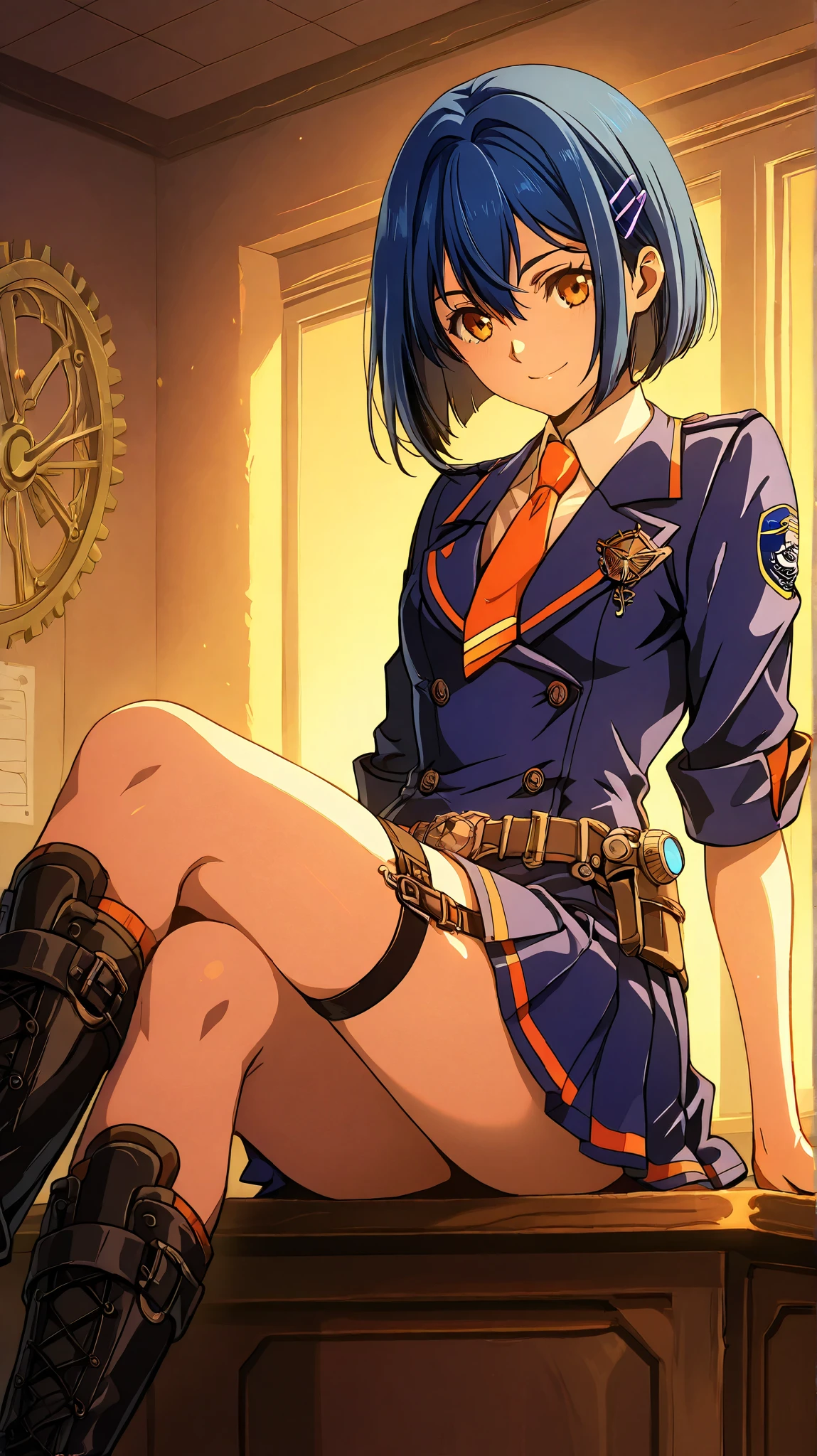 1girl,(navy_blue_base_hair:1.3) with (amber-orange_streaks:1.4) and (amber-orange_undercut:1.2), messy bob cut, asymmetric bangs, key-shaped hairpins, pink hairclip, Hair Between Eyes,deconstructed blazer (patched elbows, amber-orange stitching), cheerleader_uniform (pleated navy-blue mini skirt, Leather garter belts (black), combat boots with gear-shaped buckles,sitting on a classroom desk, legs crossed, leaning back slightly, relaxed_pose, low-intensity gaze, hand resting on an open textbook, floating holographic barcode (glowing amber) nearby, 5:4 aspect ratio, medium shot (focus on upper body + desk props),Style & Mood:
avant-garde anime, visual novel, steampunk academia, soft shadows, warm ambient lighting, muted navy/amber palette with pops of cyan holograms, (subtle evil undertones:1.2), confident but nonchalant,hoyoearth,sm_an_stl, source_anime, anime screencap, anime, animification,Masterpiece, Best Quality, intricate details, 8k, realistic textures (fabric wrinkles, metallic gears), subtle film grain,(warm smile),Color Palette: Navy (#003366), Amber (#FF6B35), Cyan (#00FFFF) ,Profile View shot