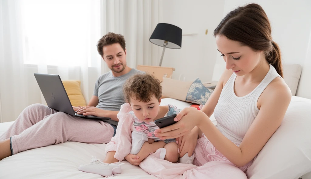 Mother and her children with a map and a cell phone
