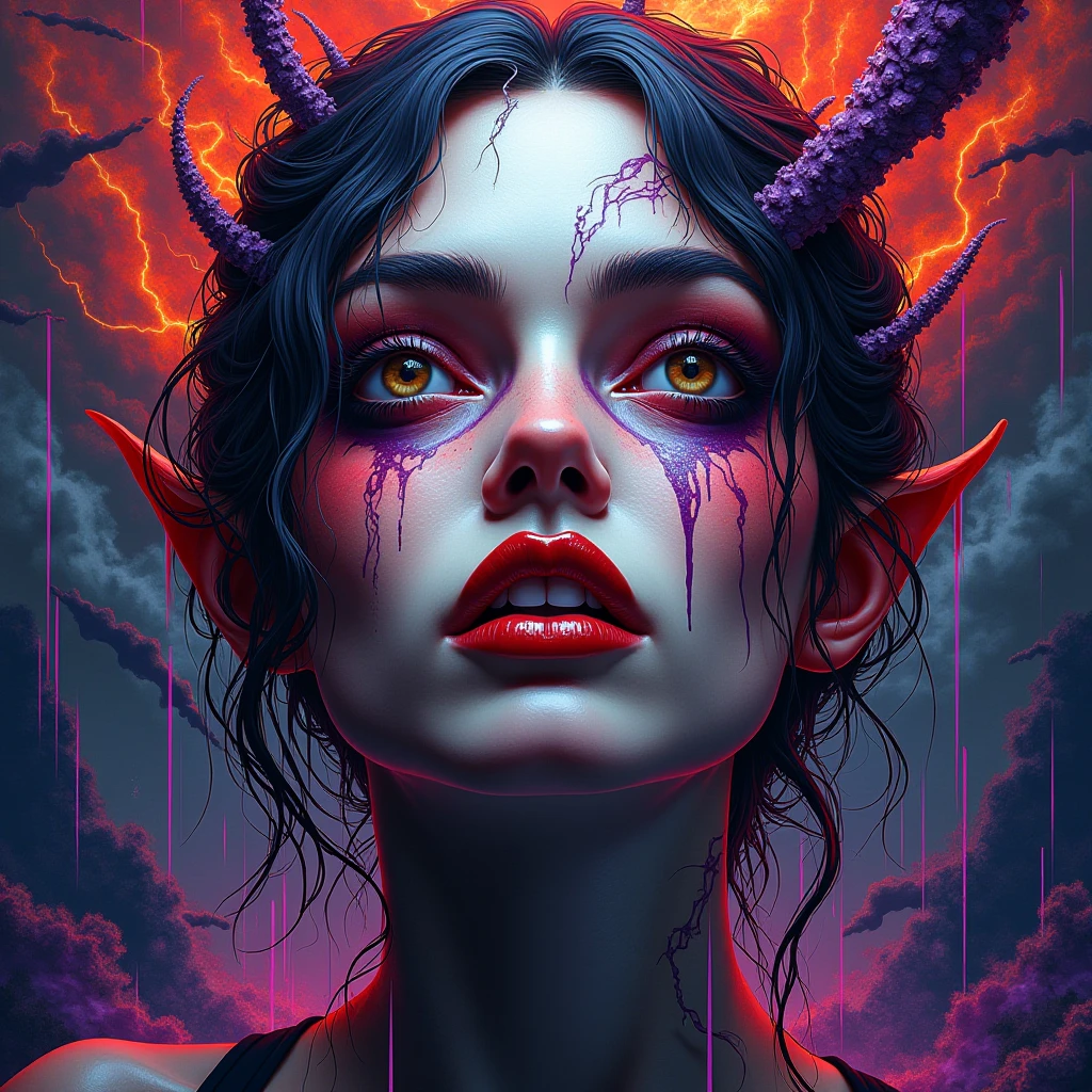A woman's face in cubist art NFT 3D woodcut colored vampire fire ears destroyer haunted scenery lightning with flashy rain purple eyes