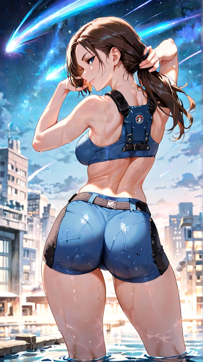 (((Mariner girl))), (((back view))), (((perfect ass))), ((best qualityer)), (((clothes 100% azul navy))), (((slim))), (Muscles), (((navy suit))), ((Perfect masterpiece)), (detailded: 1.4), (absurdrez), (((cabelo com dois ponytails))), (((full body fitness, sweaty body)), (((short hair woman, blushful))), (((cowboy shot))), 21 year old woman, beautiful sexy woman, giant robot pilot, wild with perfect corpo fitness, wearing small mecha battle armor clothes, tiny thong, Simon Bisley styled for the cover of Heavy Metal magazine, clothing with Japanese cyberpunk graphic patterns, Halftone pattern and vertical stripes, earth tone, exiting the body of a giant robot