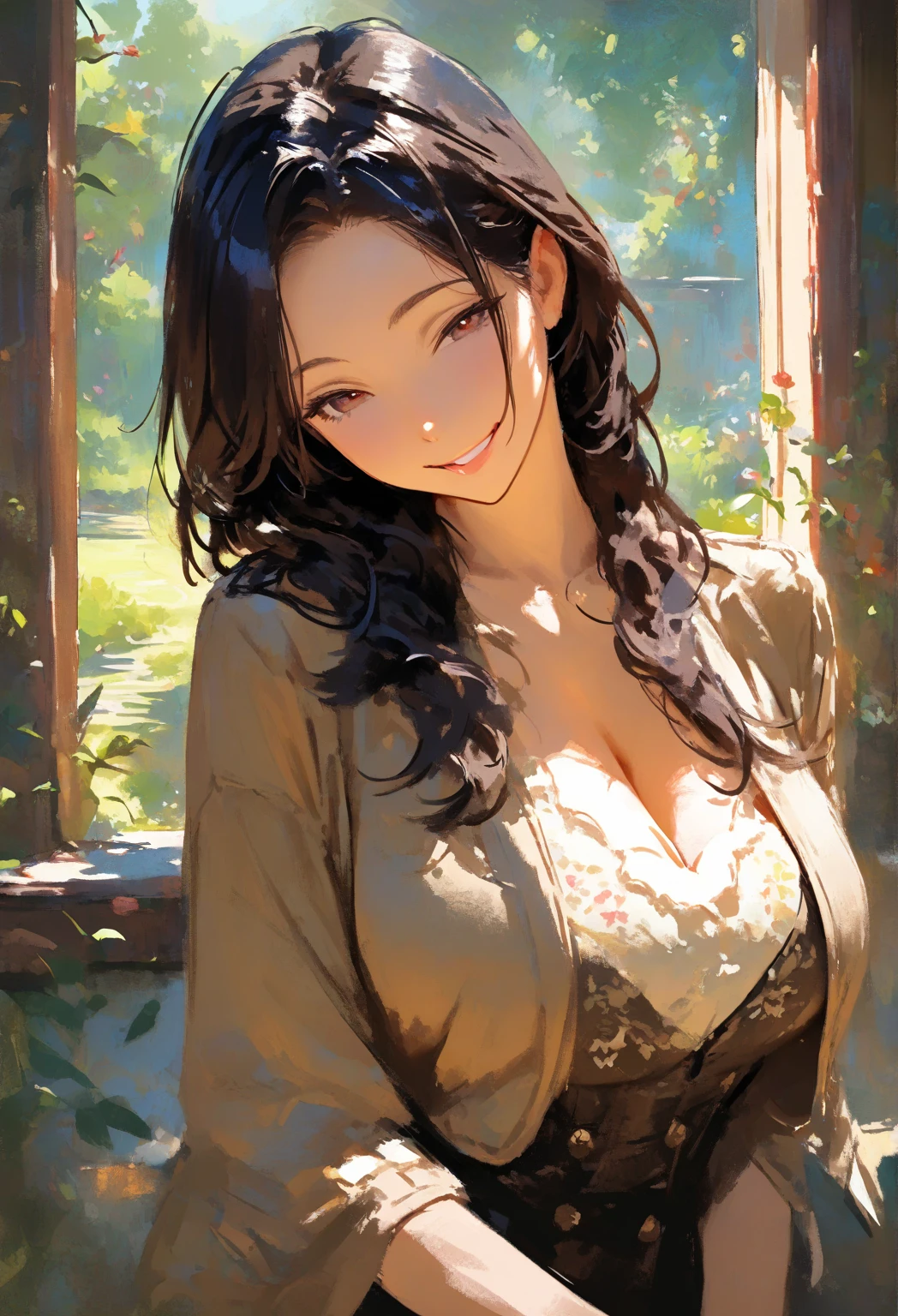 open chest、cardigan、laughter、room、8K、delicate face、detailed face、simple background