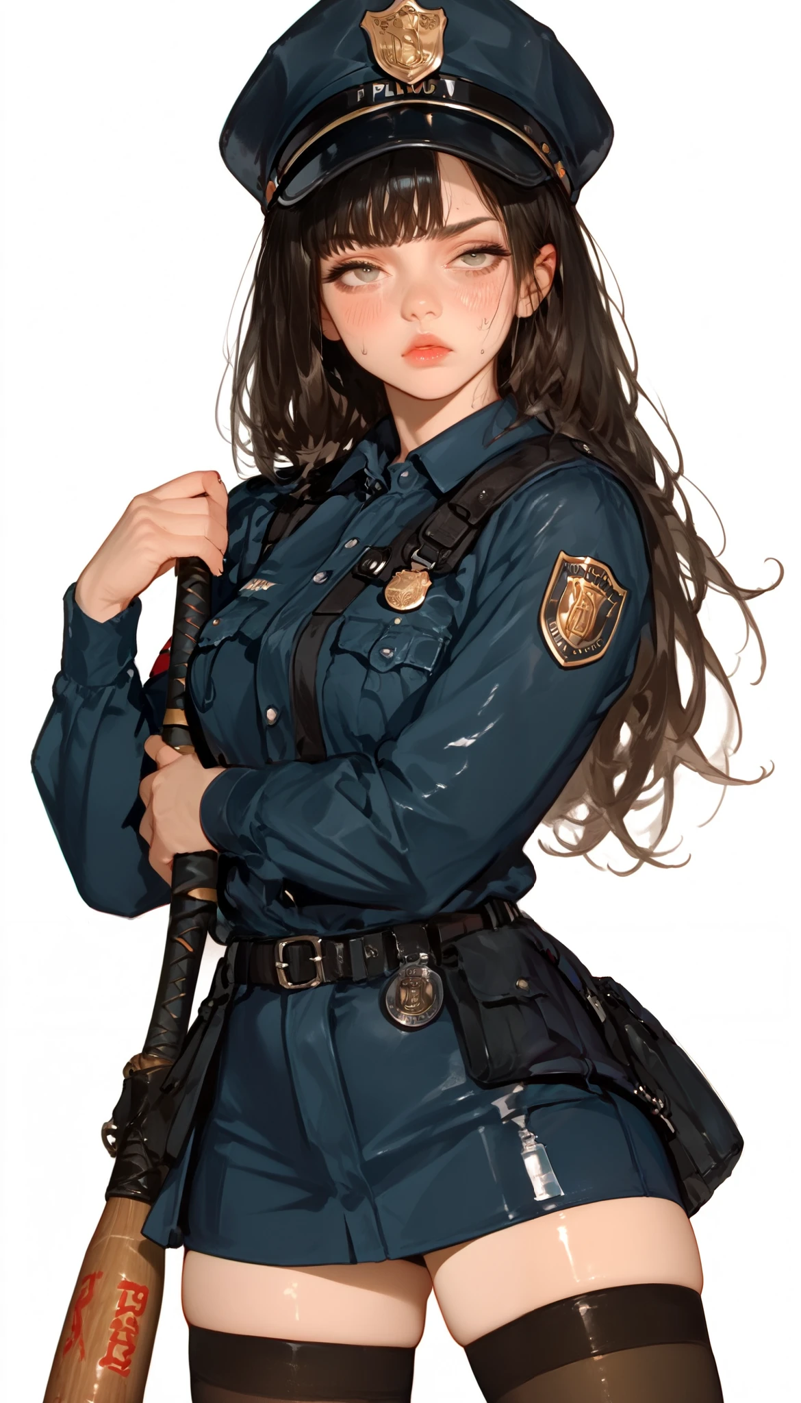 score_9, score_8_up, score_7_up, score_6_up, score_5_up, score_4_up, (masterpiece: 1.0), best quality, 1girl , Alone, Viewer, simple background, temptation, Half-closed eyes, Hold a baseball bat , Battle Pose , blush, Disdainful Eyes, Black Stockings, Damaged pure black police uniform, style: midjourney, Dynamic, ImpastoBrushXL Style