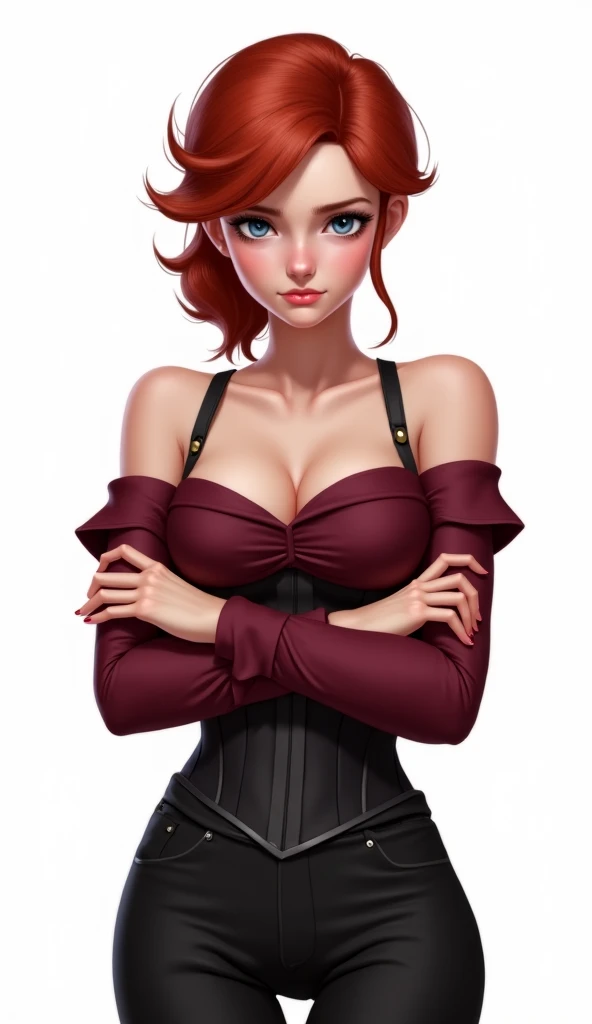A girl, (Slim body), small breasts, Discreet smile, (red colored hair), Pigtails hairstyle, naked body, pubic hair, Wide hips, Corset, (high resolution, hd quality, realistic details)