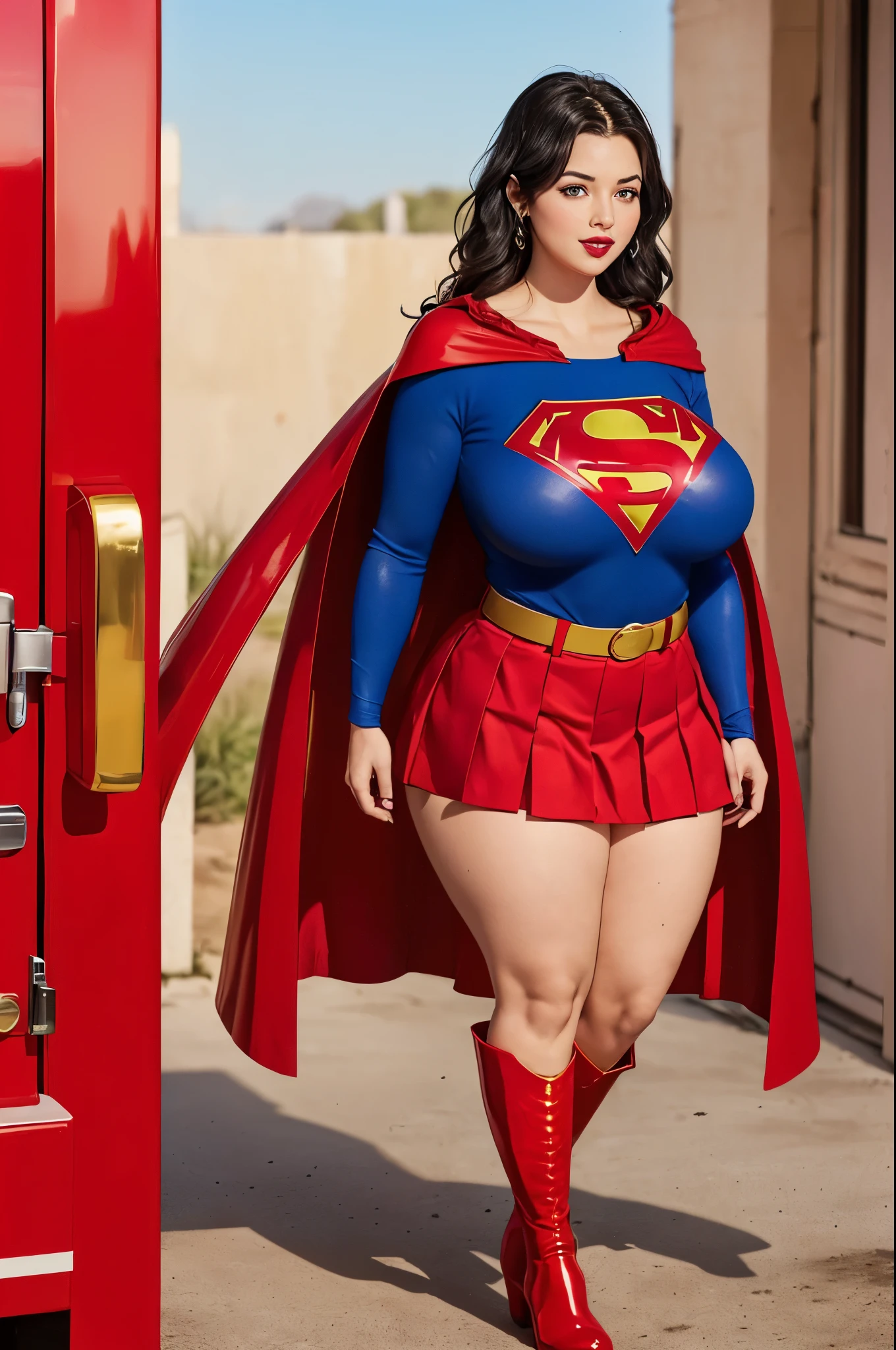 Supergirl, 29 years old, full body shot, Beautiful woman shoulder length curly brunette hair, two side up with bangs, ringlets, shoulder length curly brunette hair with bangs, two side up, ringlets, shoulder length curly brunette hair with bangs, two side up, ringlets, figure : (very full figure, very chubby, curvy, muffin top, love handles, extra thick, extra thicc, navel, very soft, fat hips, very thick, big breasts, sexy, sexy pose, fat thighs). clothes: ( flowing Glossy enamel red cape, Glossy enamel turtleneck blue top, long sleeve, Glossy enamel skintight long blue pants, with red trim of supergirl). Red lipstick, smiling slightly, hands free, standing facing viewer, Standing in the middle of an avenue in imposing pose, espirito determinado e poderoso,