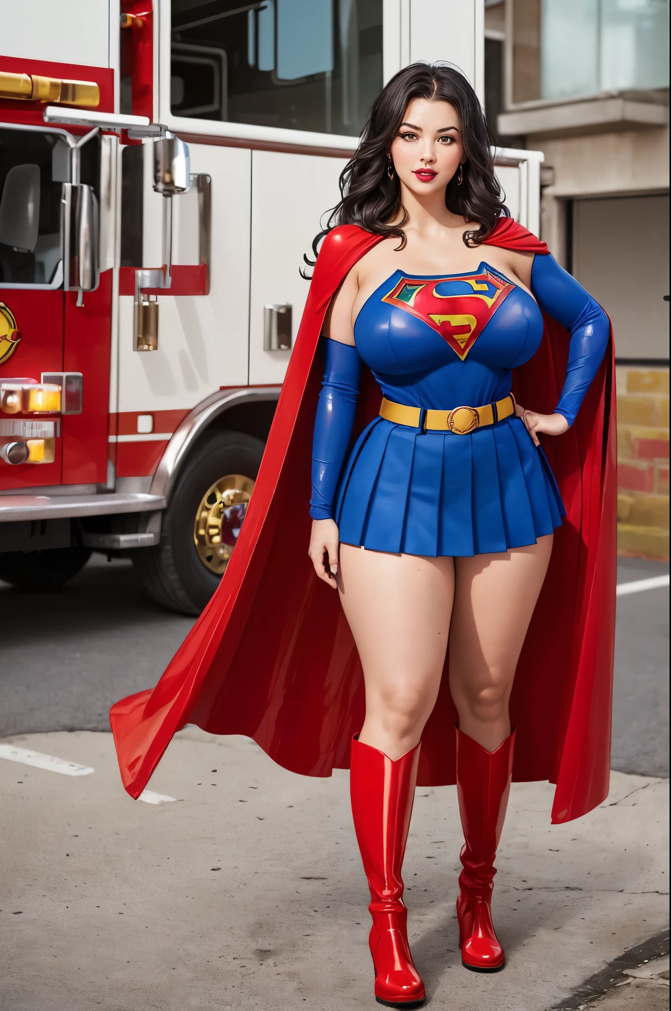 Full body shot of a beautiful long-haired brunette with a fat thick curvy tall body with huge breasts and long legs. Wearing a skimpy Supergirl outfit for Halloween. Wearing high heels. Answering the door of her home with a bowl of candy.