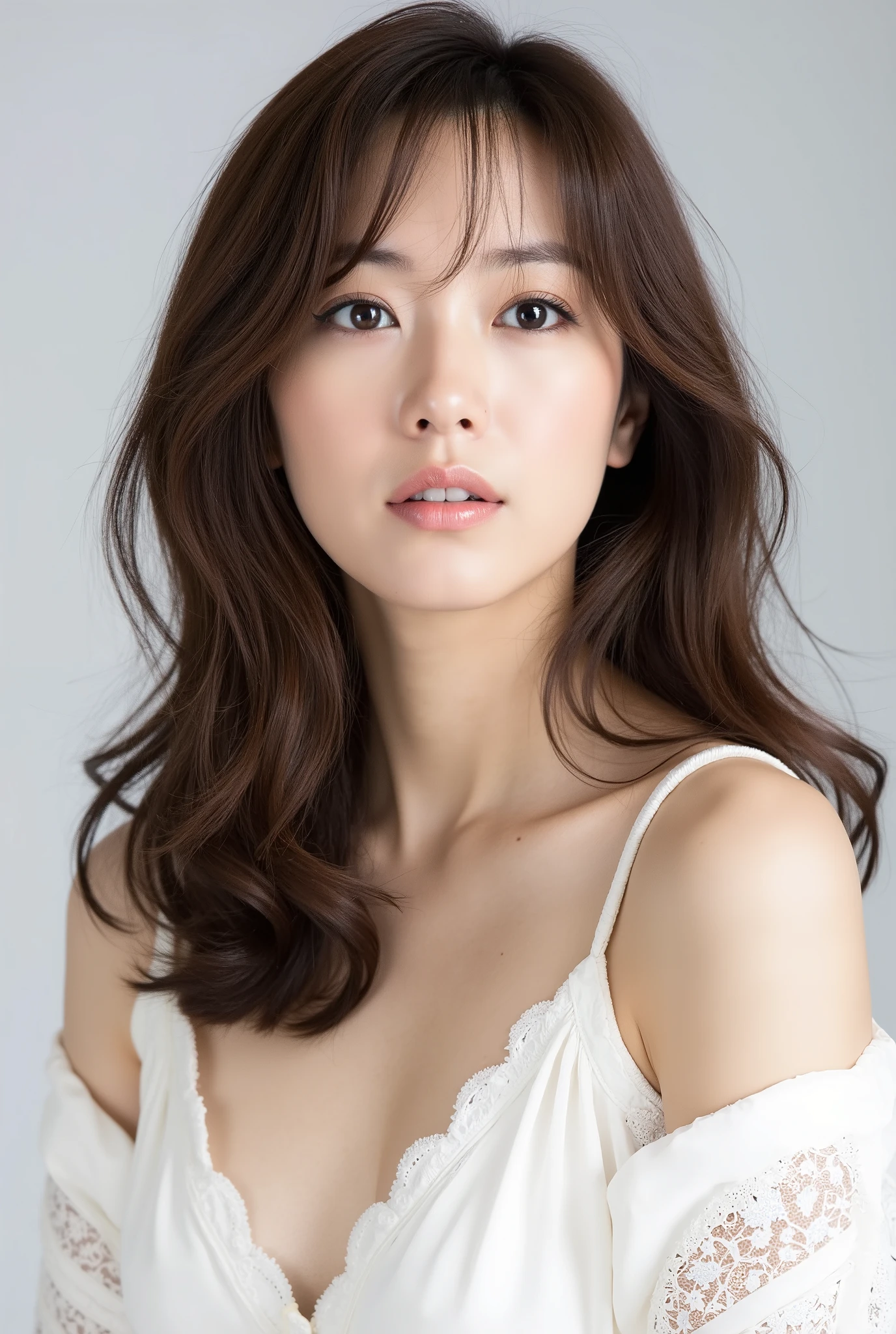 Create a portrait of a very beautiful Japanese actress, focusing on a close-up from the shoulders up. She has a slender physique and a small bust. The setting is a photography studio, and the lighting should be bright and clear, reminiscent of using a white reflector. Her hair is of medium length.