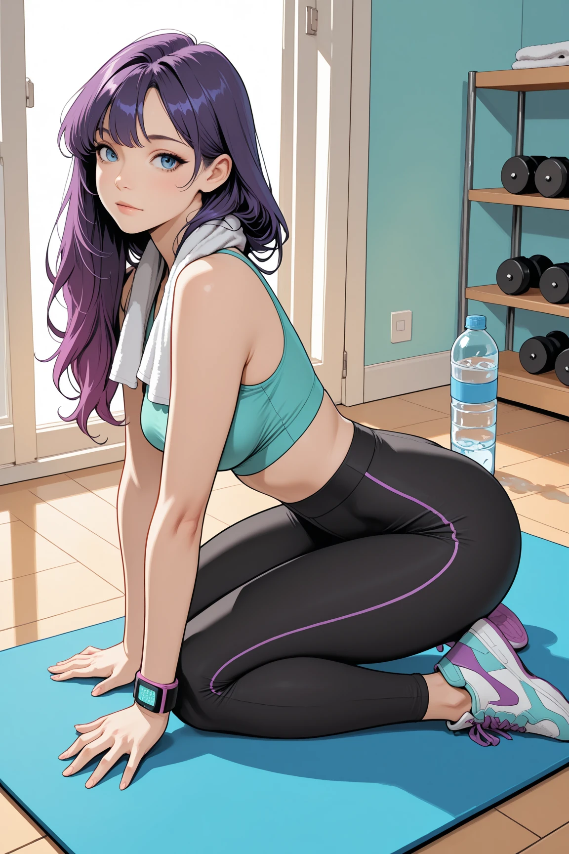 (masterpiece, best quality:1.2), frontal full body shot, Android 18 from Dragon Ball, standing, wearing (purple training wear, e.g. sports bra and leggings), purple training shoes, (white over-ear headphones), short blonde hair, her sweaty forehead, blue eyes, earrings on earlobes, sweating, slender feminine figure, narrow waistline, modern feminine room with white decor, white plush rug, potted plants, daylight streaming in through large windows, Mount Fuji and sun in the distance, morning, 4K