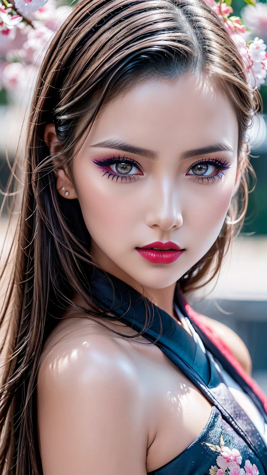 ((Highest quality、8k、masterpiece:1.3))、(Very large breasts:1.3)、((Realistic、Perfect Style:1.3))、(Beautiful 20 year old woman:1.3)、((She has a small waist and large breasts, Like a gravure idol.:1.4))、((Highly detailed face and skin texture、And beautiful eyes、Eye highlights:1.4))、((Super long ponytail:1.4))、((A quiet and pure Japanese woman、Cute droopy eye metal rainbow swimsuit:1.5))、((very tanned brown skin:1.6))、((Ulzzang Makeup、Apply dark red eyeshadow to the outer corners of your eyes:1.5)), butt crack, from behind, peek back, low rise bikini, hip bones, wide hips
