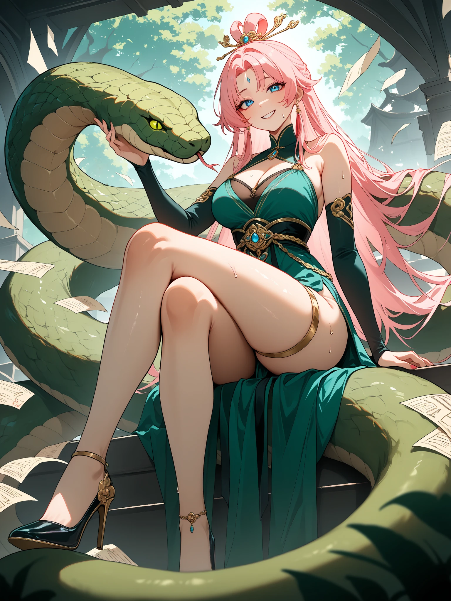 Snake girl,lamia,snake body,Based on Miia from Everyday Life with Monster Girls、A seductive version of Echidna from Queen&#39;s Blade。
Detailed explanation:
Beautiful upper body of a human female、The lower half of the body is that of a snake covered in scales.。Her hair is long and greenish-golden.、The pupils are vertically narrow like a snake.。The body has a thin scale pattern.、Skin is pale green。breasts are large、Covered with a thin cloth。From the waist down it has a long snake&#39;s tail.、It is covered in scales of a gradation of green and gold.。
Although her personality is seductive、Surprisingly intelligent。He&#39;s good at misleading intruders.、Its hypnotic powers are extremely powerful。