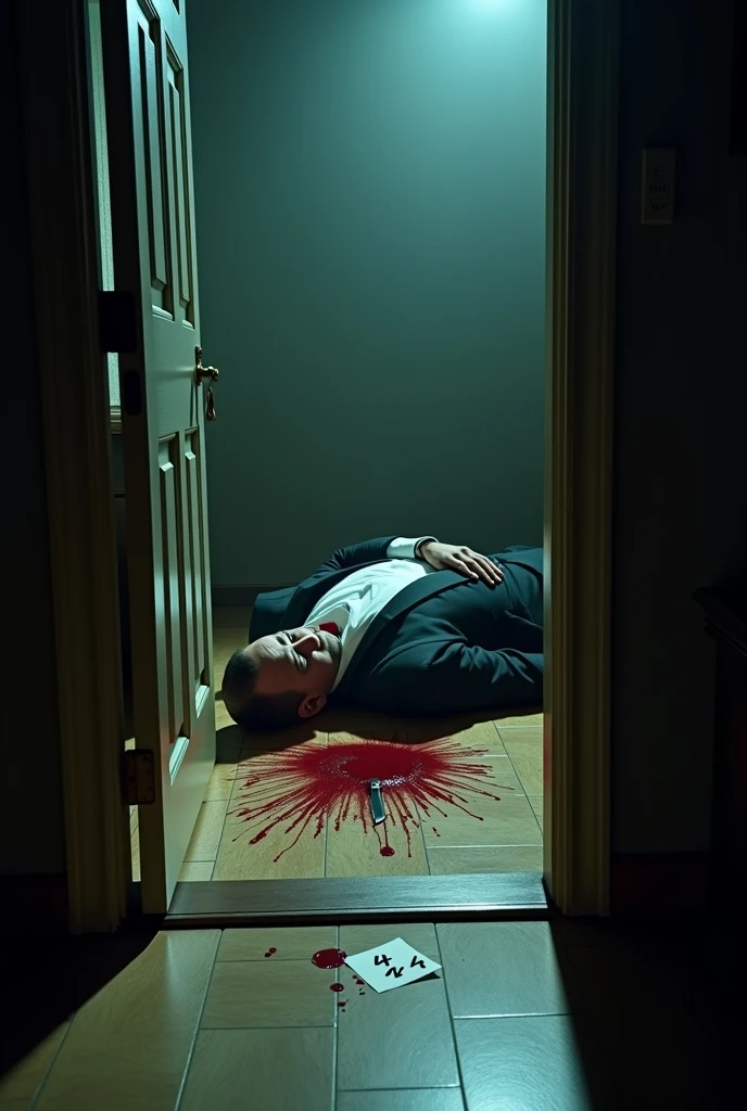An old Japanese man in a suit was found dead on the floor in a gruesome manner.、His clothes and face were covered in blood and it was awful.。As if the whole body is photographed from the front。