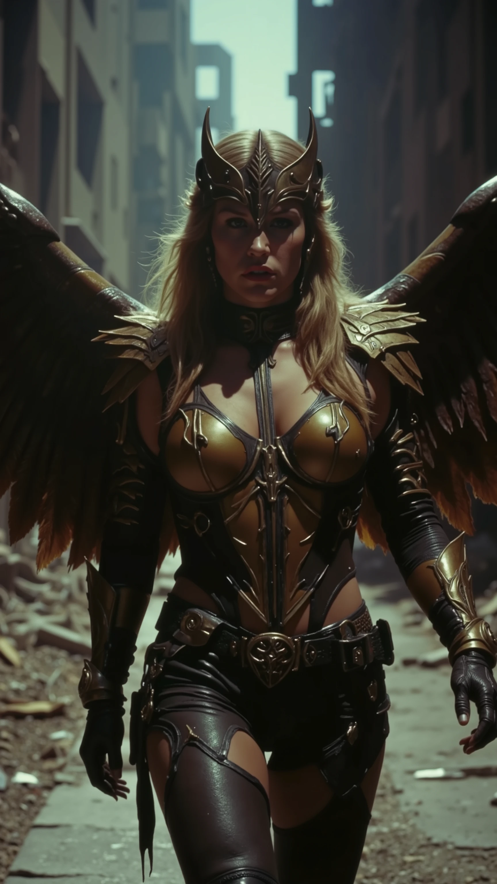 A cinematic close-up scene from a Hawkgirl film, featuring Adèle Exarchopoulos as Hawkgirl. She is dressed in a detailed, faithful costume, with a combination of metallic golden and dark leather armor, adorned with intricate wing motifs and sharp edges. Her wings are partially extended, adding to her intimidating presence. Her helmet is sleek but leaves her face exposed, with long, windswept hair framing her face.
She is in a combat-ready stance, her posture strong and dynamic, exuding a fierce determination and readiness for battle. Her expression is focused and fierce, as she stands in the midst of a battle-ready pose.
The character is positioned in an action scene, ready for flight or attack, with her wings spread and her stance balanced for combat. The environment is dark and atmospheric, reminiscent of a dystopian, futuristic cityscape, with ruined structures and broken roads in the background. The setting is mysterious, with shadows playing across her form, and distant lights hinting at a looming threat.
The lighting is cinematic, with high contrast and HDR, creating a dramatic effect. The lighting mimics a 1980s DVD screengrab, with a dark, moody ambiance. The background is filled with imposing dark buildings and shadows, with only sparse light illuminating the character, casting long shadows across her figure.
The ground is made of cracked, worn concrete with scattered debris, fitting the dystopian feel. The walls are broken and covered in ancient ruins, adding to the sense of decay and destruction.
Hawkgirl, cinematic, retro aesthetic, realistic.