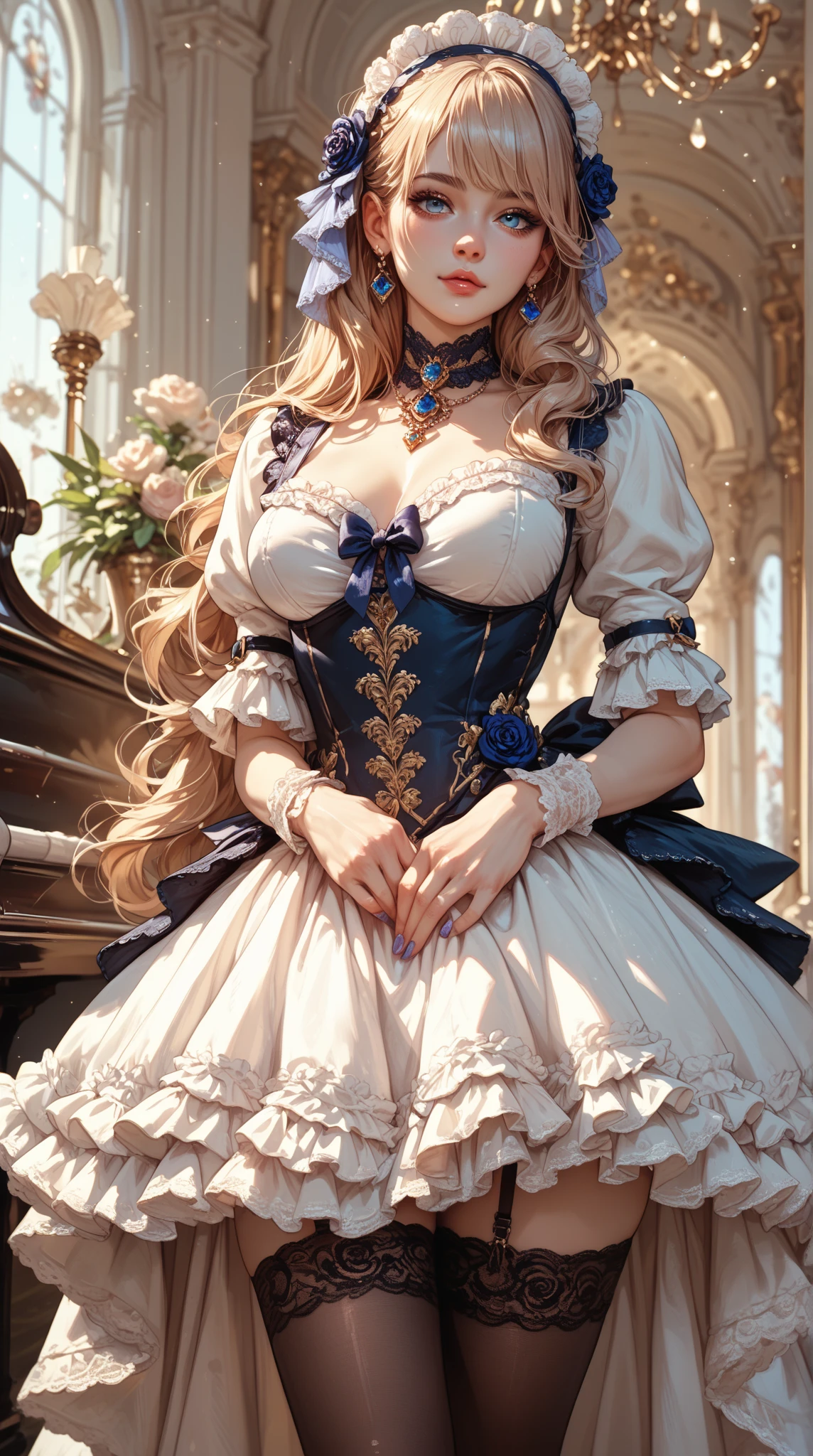 [black:aqua:0.65] theme, masterpiece, a girl's masterpiece, detailed visual art, blue eyes, light blonde hair, long hair, collarbone, royal princess, elegant, gorgeous quinceanera corset, corset piercing, detailed layered skirt, [detailed frills: 0.1], [frilled dress: 0.1], embroidery, [details princess dress: 0.1], off-the-shoulder, big breasts: 1.3, open crotch, thigh seam, garter belt, groin, [NSFW|uncensored], (simple background: 1.1), low-winged, full-body --auto
