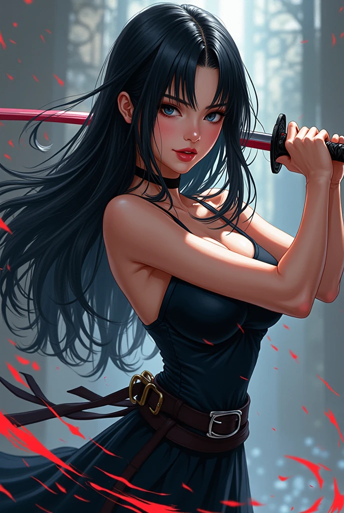 ((NFSW:1.6)), Seductive Ninja Woman、(Long black hair、Purple Eyes)、((tight black and red ninja outfit、Exposed shoulders and back、Ninja Tool Pouch、Toned figure))、Confident expression、Fighting pose with kunai、Moonlit night view of Konohagakure Village、Realistic anime style