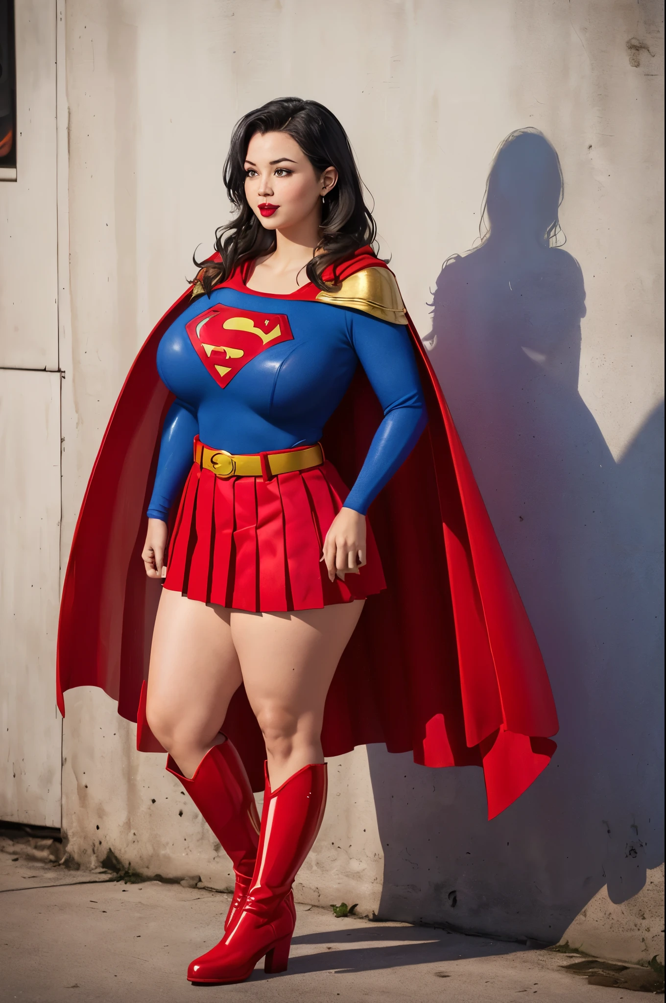 Chubby superheroine, Waist slender, athletics, g-string, sweat, Weaknesses, humida, (best qualityer, 4K, 8K, high resolution, Masterpiece artwork: 1.2), super verbose, (practical, fotopractical, foto-practical: 1.37), swirly vibrant colors, dynamic lighting , comic style. Supergirl、long leather boots, blue and red strapless leotard, (((Very painful expression))), (Breasts huge), (thick-thighs:1,2), (fully body:1,5), (shot on the body:1,5) (Thick thighs:1.2), (full body:1.5), (body shot:1.5)