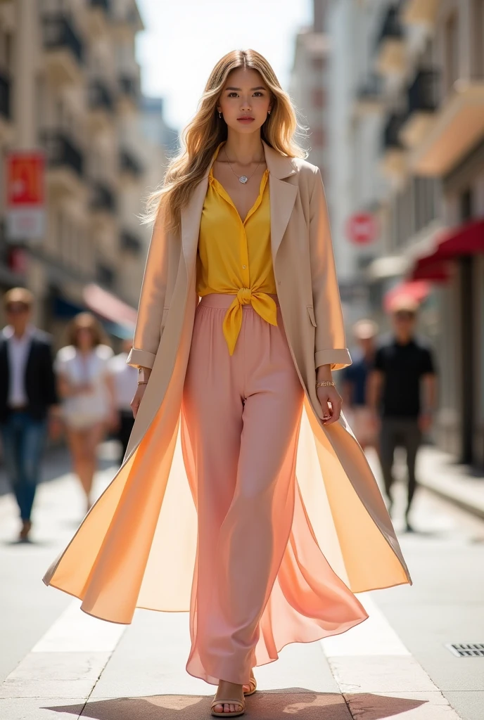 Belle blonde dans une robe Louis Vuitton marchant dans une rue petionne avec lunettes de soleil chanel 