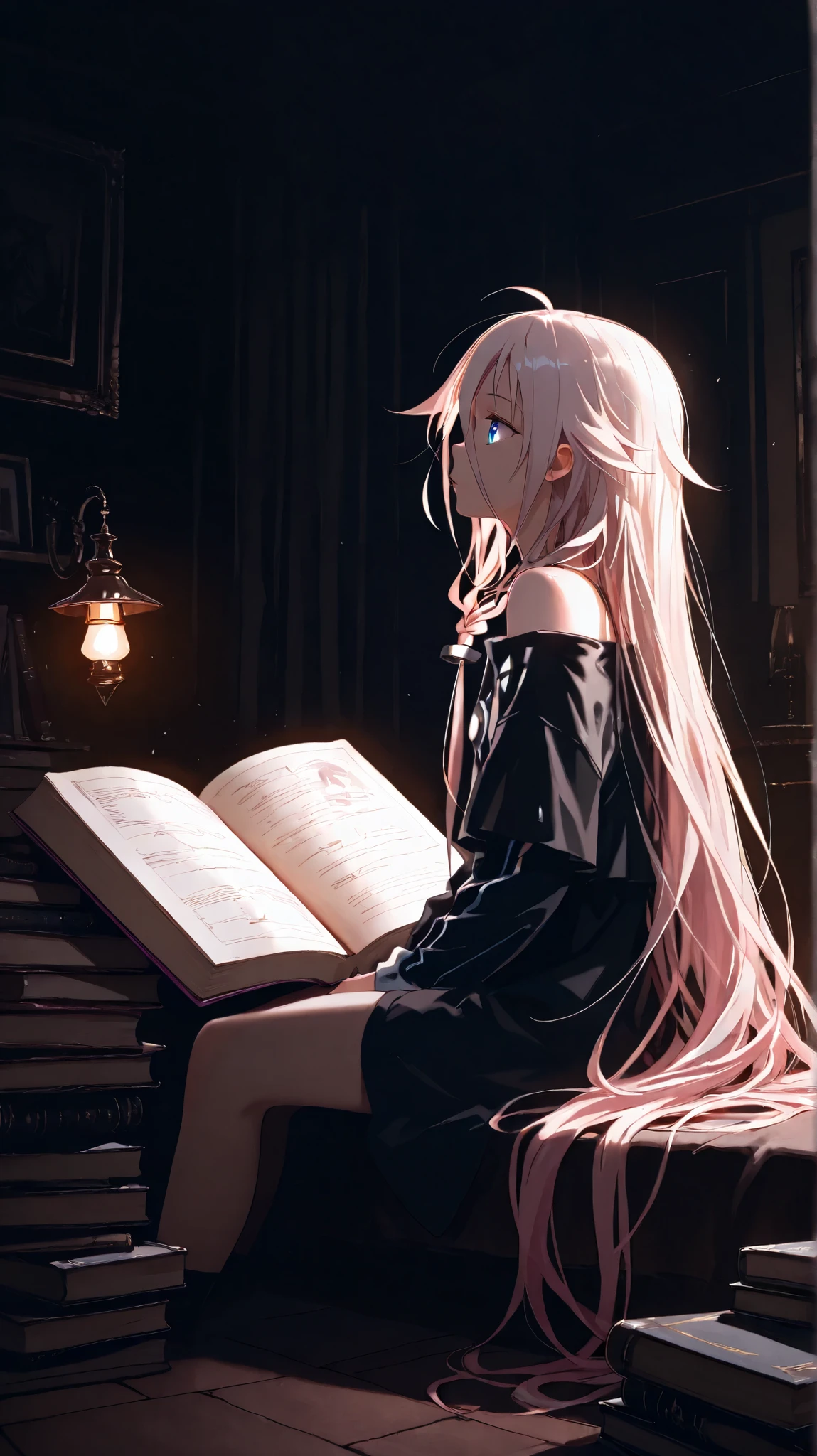 1girl, (IA), masterpiece, best quality, detailed face, sitting, huge books, huge items, small person, dark colors, dark room, little lighting,