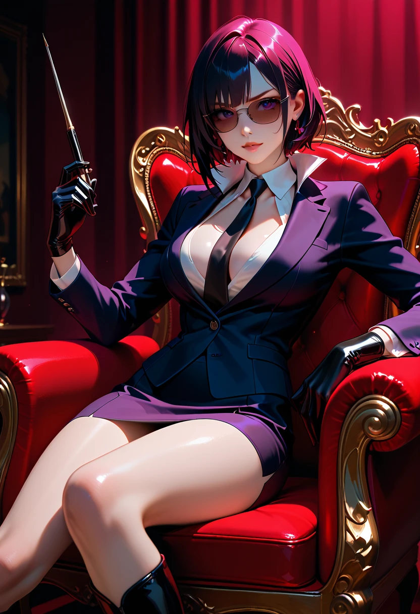 Fantasy, Night, Cinematic Scene - medium shot: dark lighting, a vampire with a curvy and athletic body, wearing a black trench coat, evil smirk, red eyes, seductive, sitting, shorthair, wearing red-rimmmed glasses, Highly detailed, 4K, Masterpiece, Cinematic Lighting, a light coming from behind, illuminating the vampire