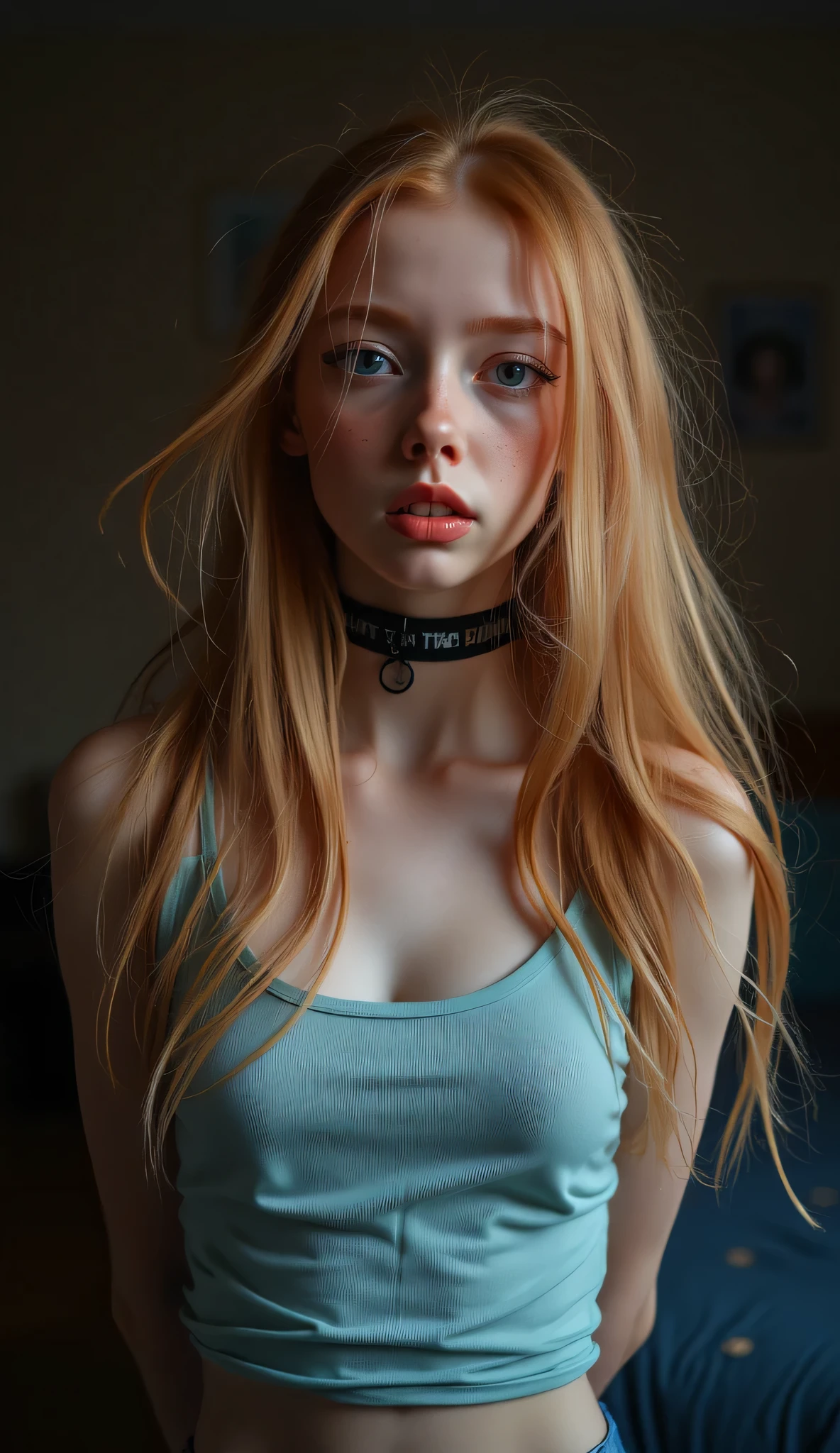e
score_9, score_8_up, score_7_up, score_6_up, cinematic picture of 1girl, girl, young, adorable, cute, innocent, thin, short, skinny small, age18, (cute face), Long hair, a-line haircut, blonde hair, freckles, freckles on body, freckles on , blushing, small breasts, fit, bright gray eyes, ((small waist)), cute, feminine, (black choker with the text, "Too Hot Too Handle"), sweet, (tight light blue transparent long sleeve tight tank top), ((standing sideways, arms behind the back)), puffy nipples, erect nipples, natural skin, british:1, shy, in dark bedroom, long intricate ginger hair, face focus, low light, dark night, shadows, short stature, slim skinny anorexic body, petite anorexic body, round face, youthful face, dramatic lighting, candid, perfect eyes, Reddit, amateur, real life photo, selfie, portrait,